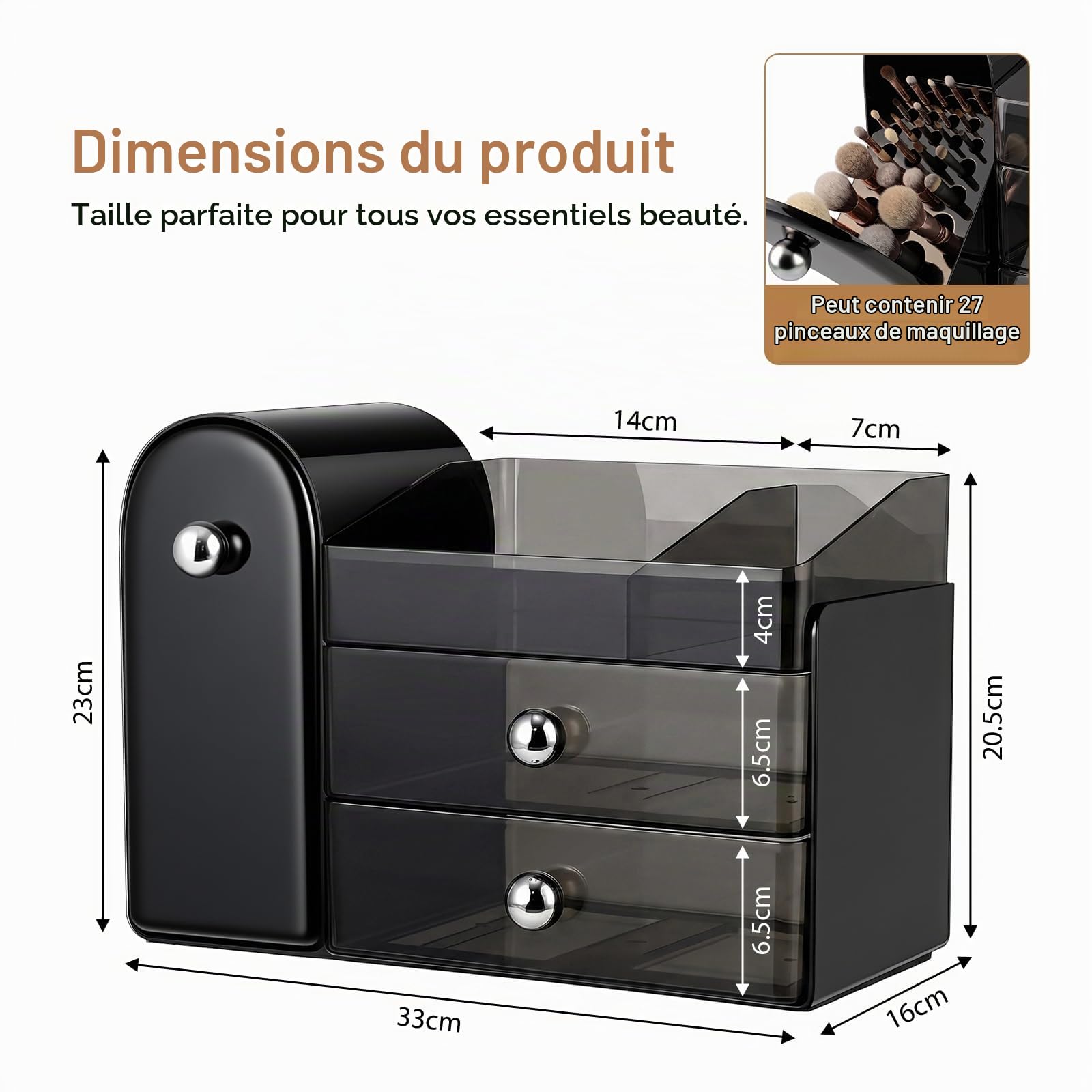 ERWEY Rangement Maquillage Organisateur avec Tiroirs, Organisateur Maquillage, Rangement de Pinceaux, Boîte de Rangement pour Commode, Coiffeuse, Salle de bain (Noir)