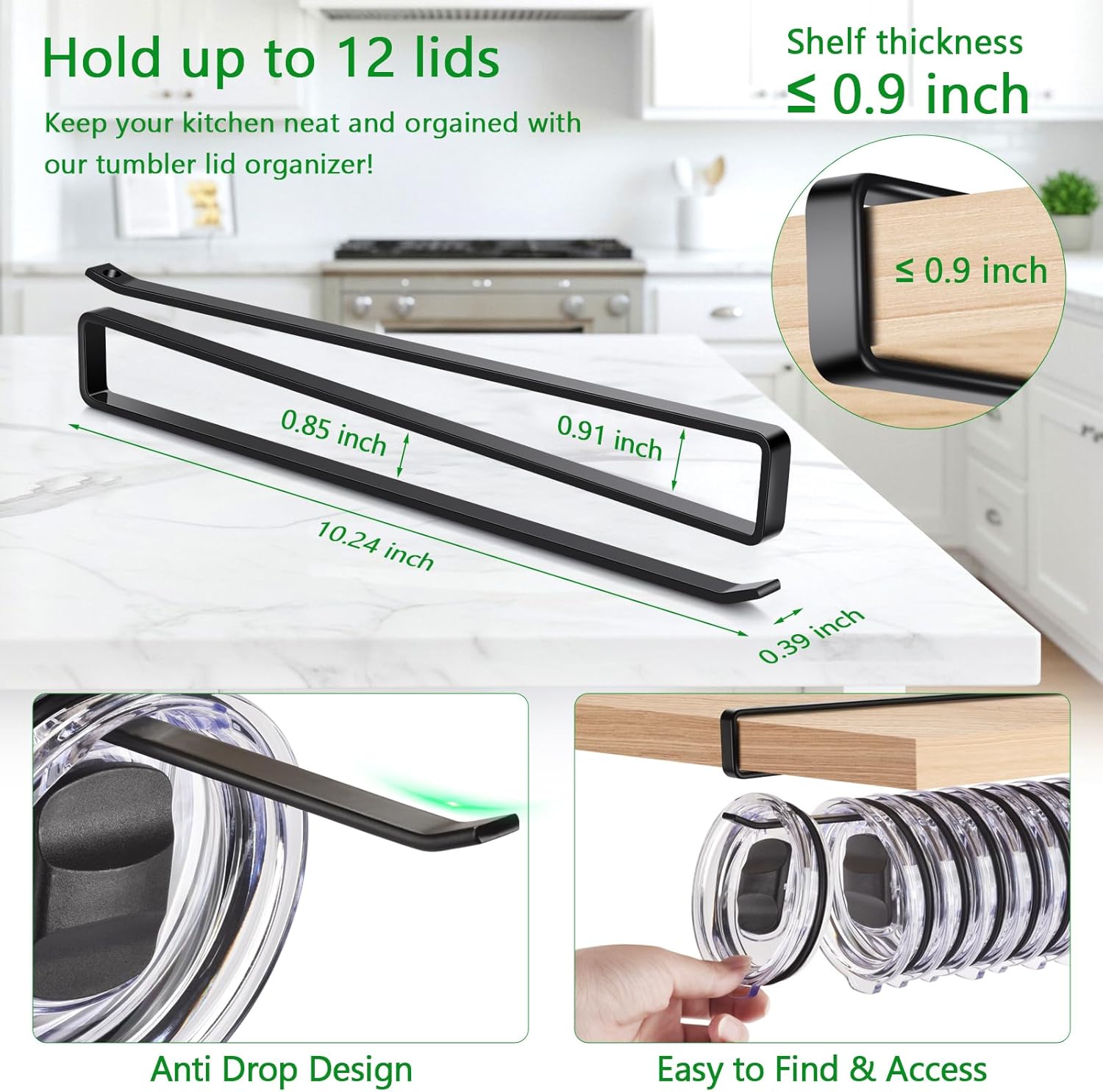 2 Pack Tumbler Lid Organizer for Water Bottle Cup and Mason Jar Storage - Space Saving Kitchen Coffee Cups Organizers Holds 24 Lids, No-Tool Corner Cabinet Rack, No Drill Needed, (Black) - Image 2