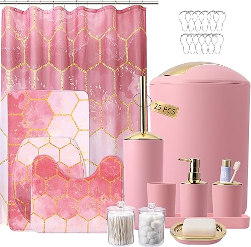 Miniatura 12 de Juego de 25 piezas de accesorios de baño negro y dorado, cortina de ducha y alfombras, basura, cepillo de inodoro, dispensador de jabón, jabonera,