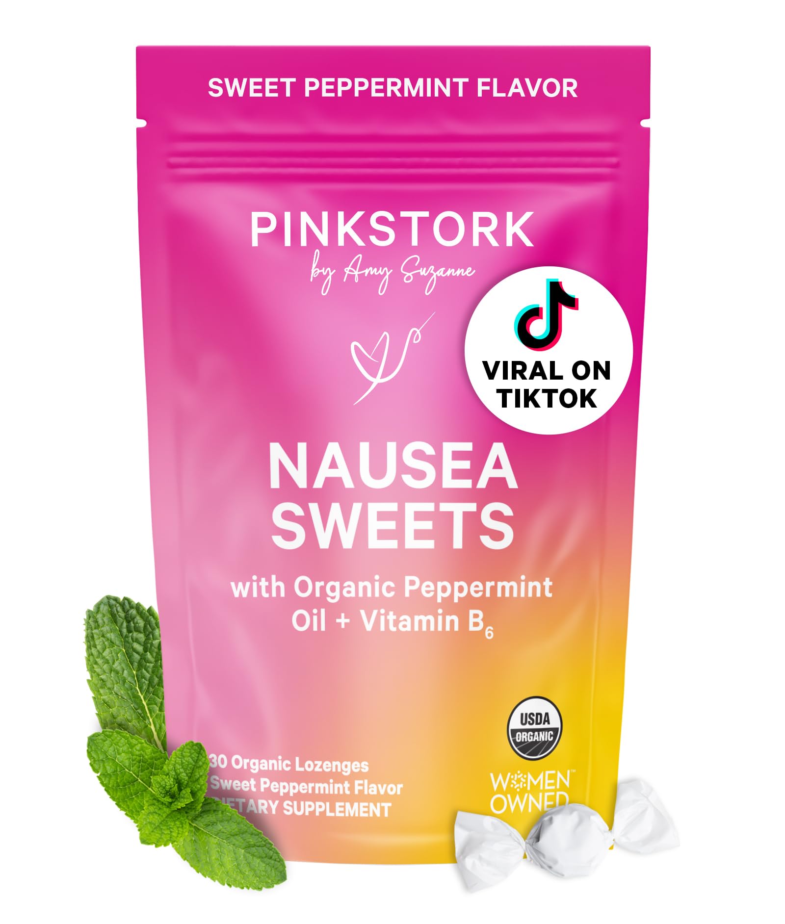 Pink Stork Organic Peppermint Sweets, Morning + Motion Sickness, 30 Ct