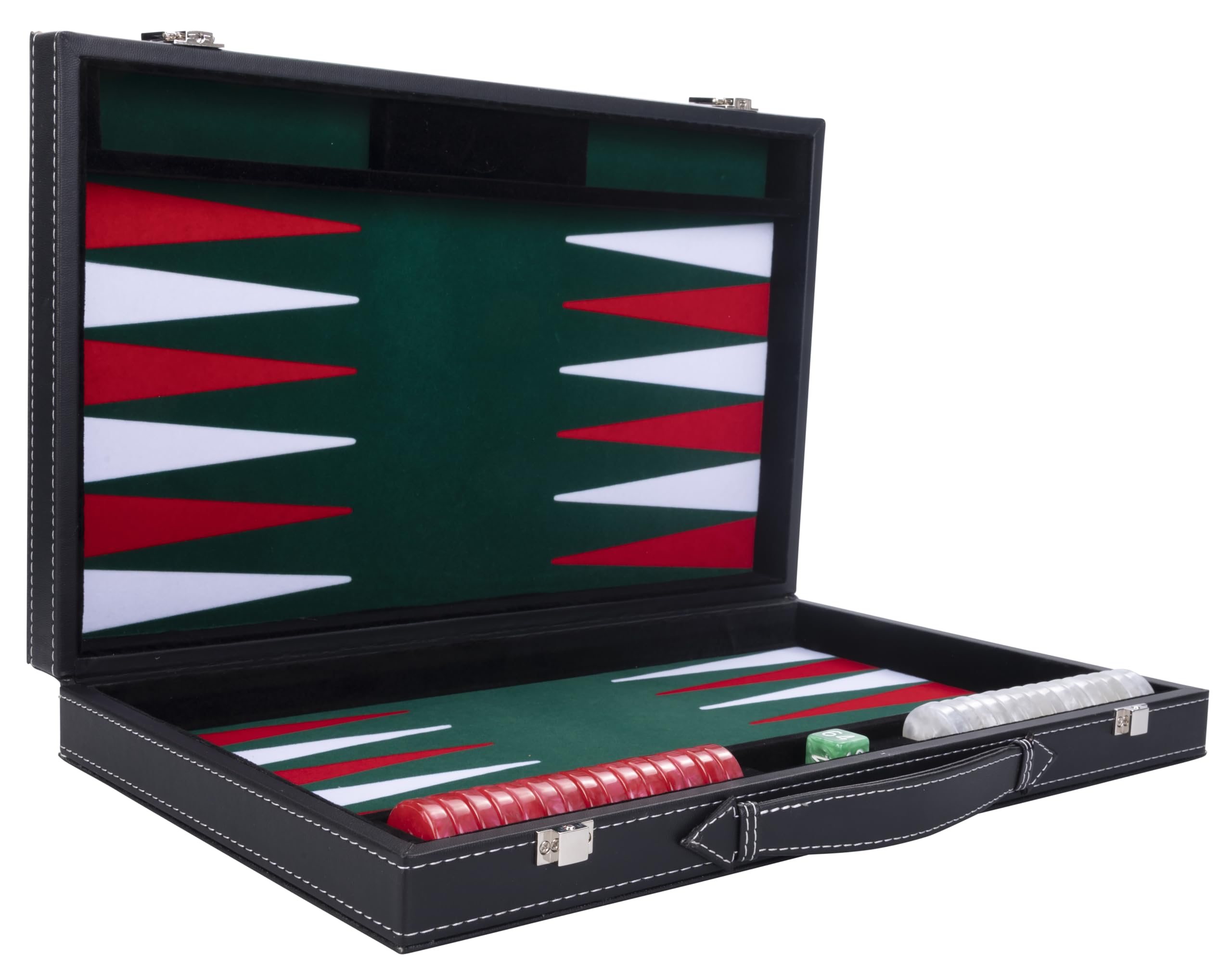 Engelhart - 250508 - Backgammon Di Lusso 15" (38 Cm) Verde – Valigetta In Similpelle Con Interno In Feltro – Dadi E Pedine Madreperlate + 2 Bicchieri – Gioco Di Strategia Classico-image