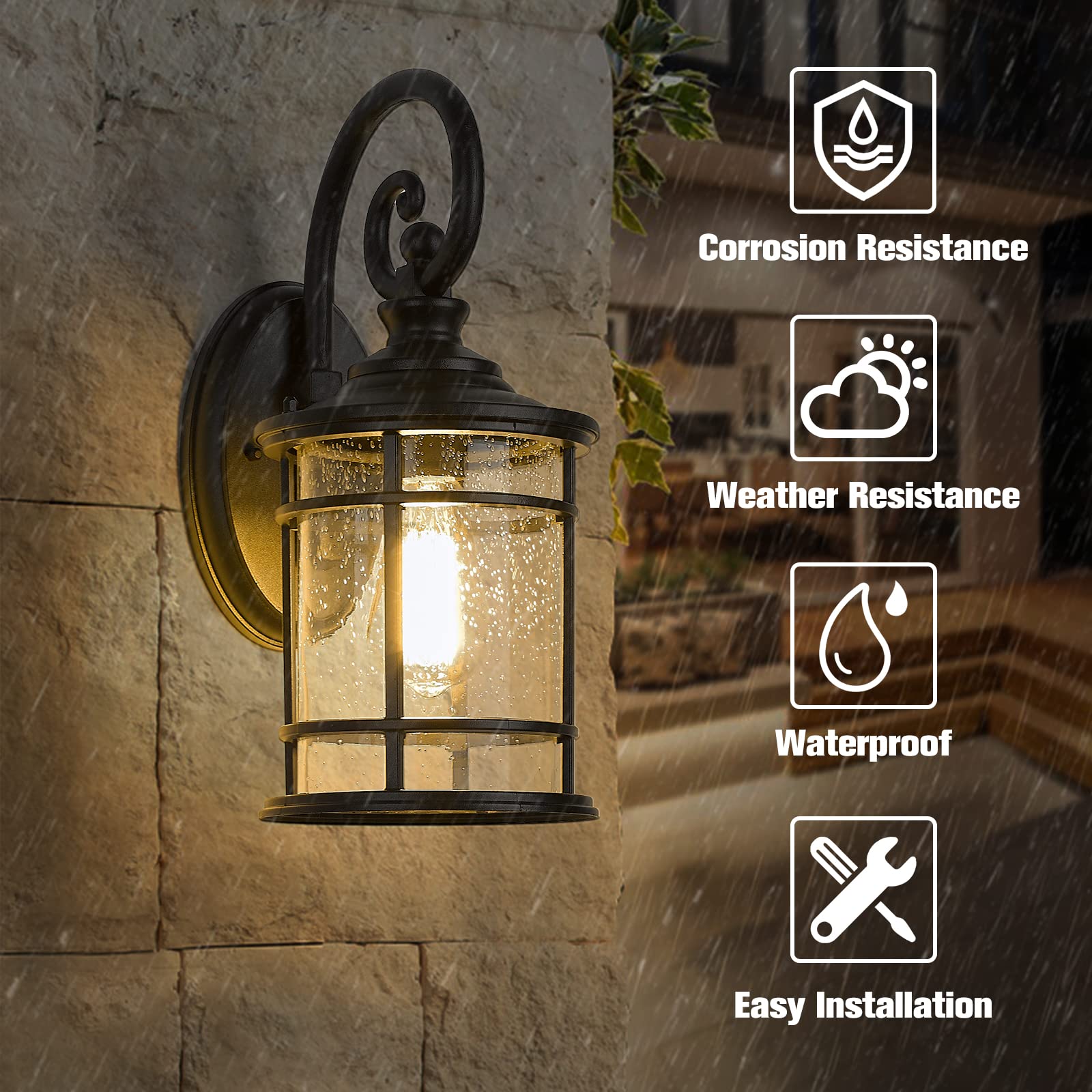 Emliviar Modern Outdoor Wall Lantern - Exterior Carriage Light for Garage Front Porch with Seeded Glass Shade, 15.5 Inch Height, Black Finish, XE229B BK