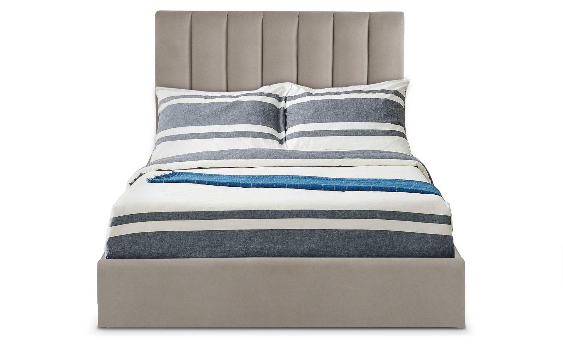 Menzzo Lit Coffre SONGE 140x190 cm Velours Taupe – Lit Double avec Sommier Relevable et Grand Espace de Rangement – Lit Design Moderne Chambre Adulte