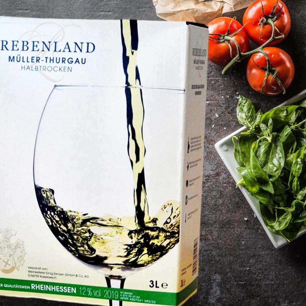 Rebenland Müller-Thurgau, halbtrocken, Bag-in-Box, sortenreines Weinpaket + VINOX Winecards (4x3,0l)