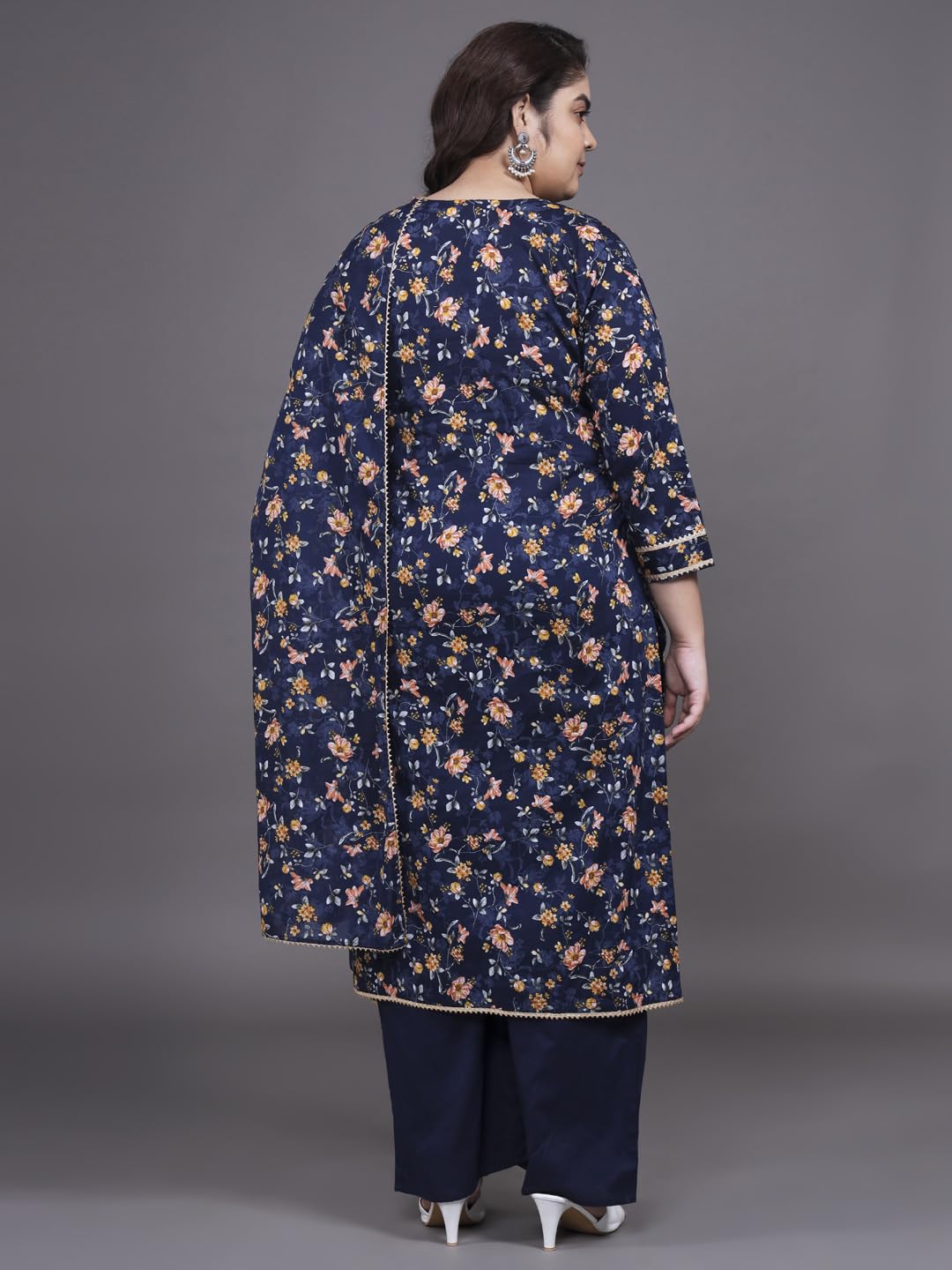 Tissu Women's Plus Size Navy Blue Printed Pure Cotton Kurta Palazzo With Dupatta (676_Dark Blue_4Xl)