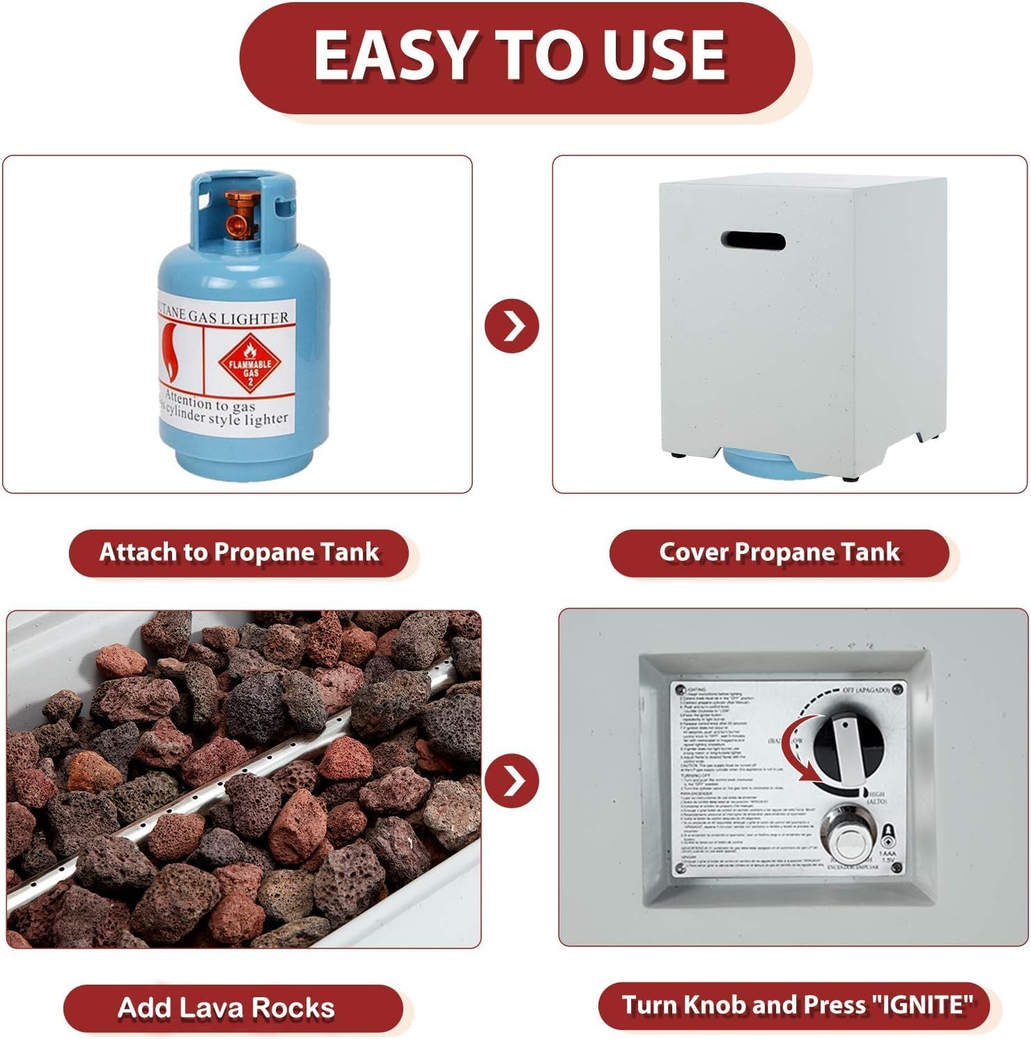 ECOTOUGE 2-Piece Gas Fire Pit, Outdoor Propane Fire Pit Table Set w/Tank Cover, 42''Auto-Ignition, Steel Fire Table, 50,000 BTU Concrete Fire Pit w/Weather-Resistant Pit Cover, Lava Rocks, White