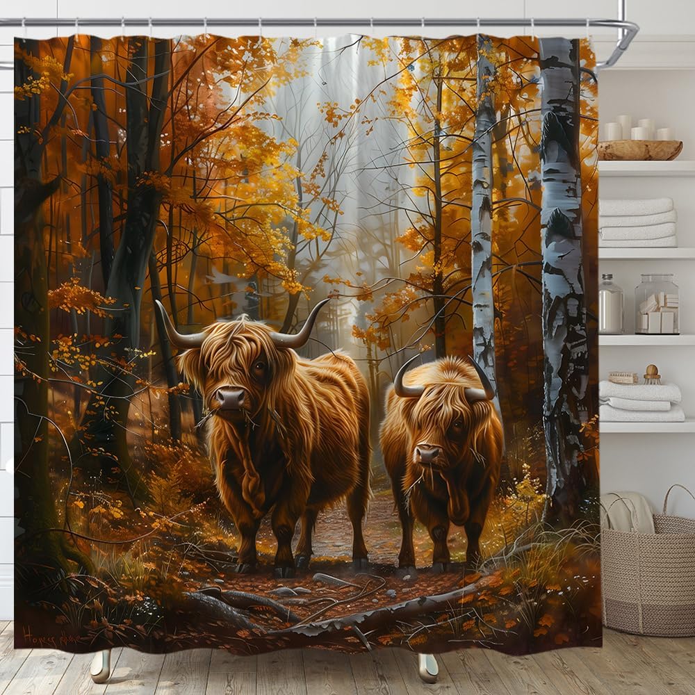Highland Cow Shower Curtain Autumn Birch Tree Forest Rustic Animal Wildlife Cabin Hunting Fall Leaf Lodge Camping RV Bathroom Curtain Set with Hooks(91" Wx70 H)