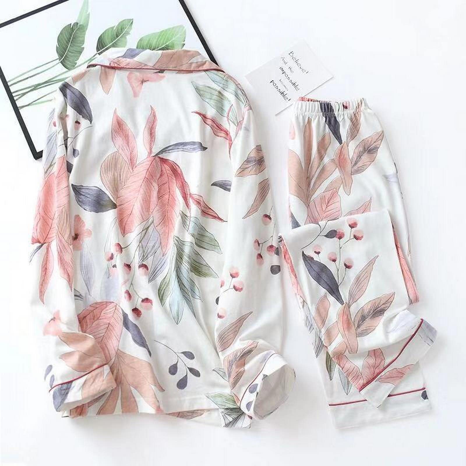 Pijama para mujer, estampado de hojas, pijama de algodón, talla grande, conjunto de dos piezas, ropa para el hogar, ropa de dormir femenina, traje de pantalón, XL