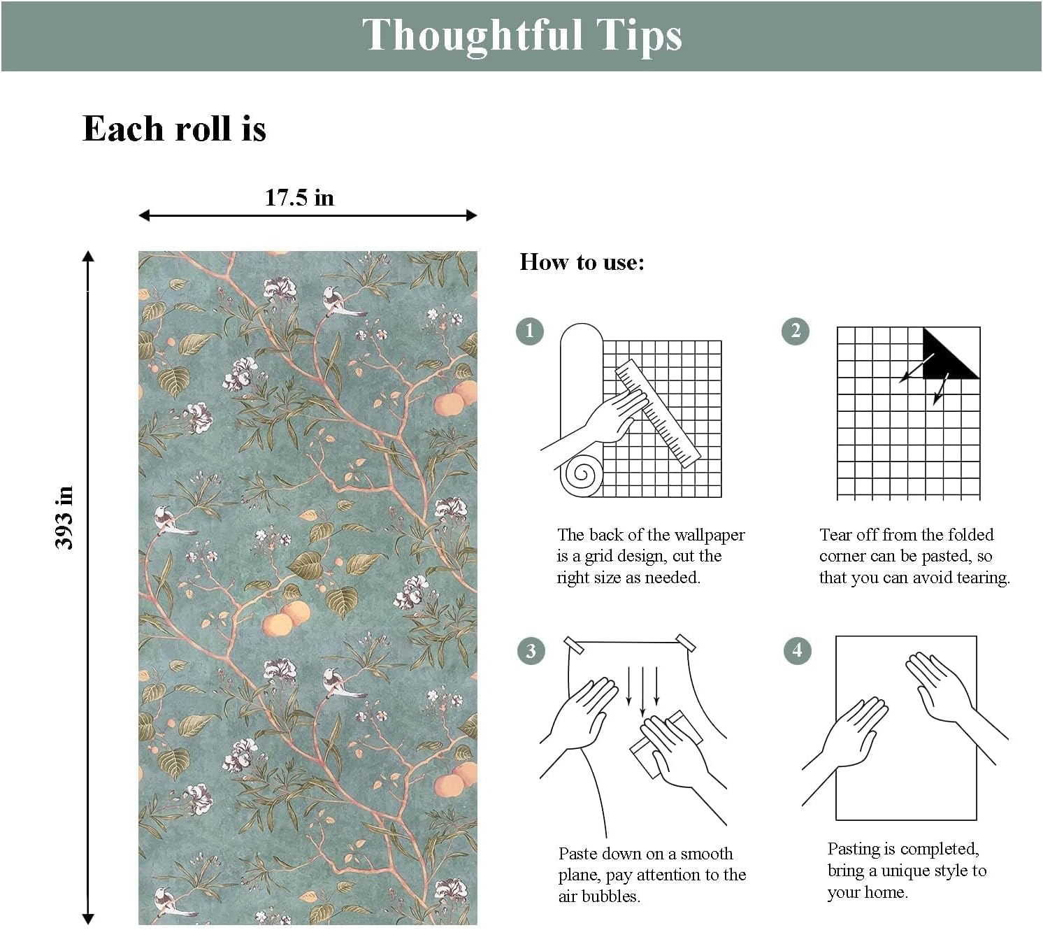 Laatse Green Floral Wallpaper Peel and Stick Bird Wallpaper 17.5" x 393" Vintage Contact Paper Waterproof Self Adhesive Removable Boho Floral Wall Paper for Bedroom Walls Cabinet Locker