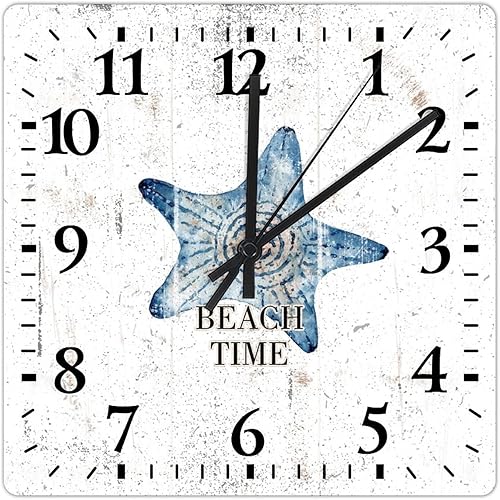 Beach Time - Reloj de pared con diseño de estrella de mar, reloj cuadrado de 10 pulgadas, grande, funciona con pilas, decoración rústica para el