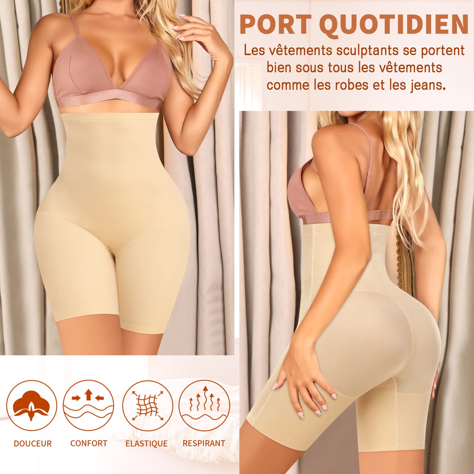 Culotte Gainante Femme Ventre Plat Invisible Short Gainant Taille Haute Gaine Amincissante Culotte Sculptante Pantalon Gainant Panty Gainant Anti Frottement Cuisse Dentelle Shorts sans Couture