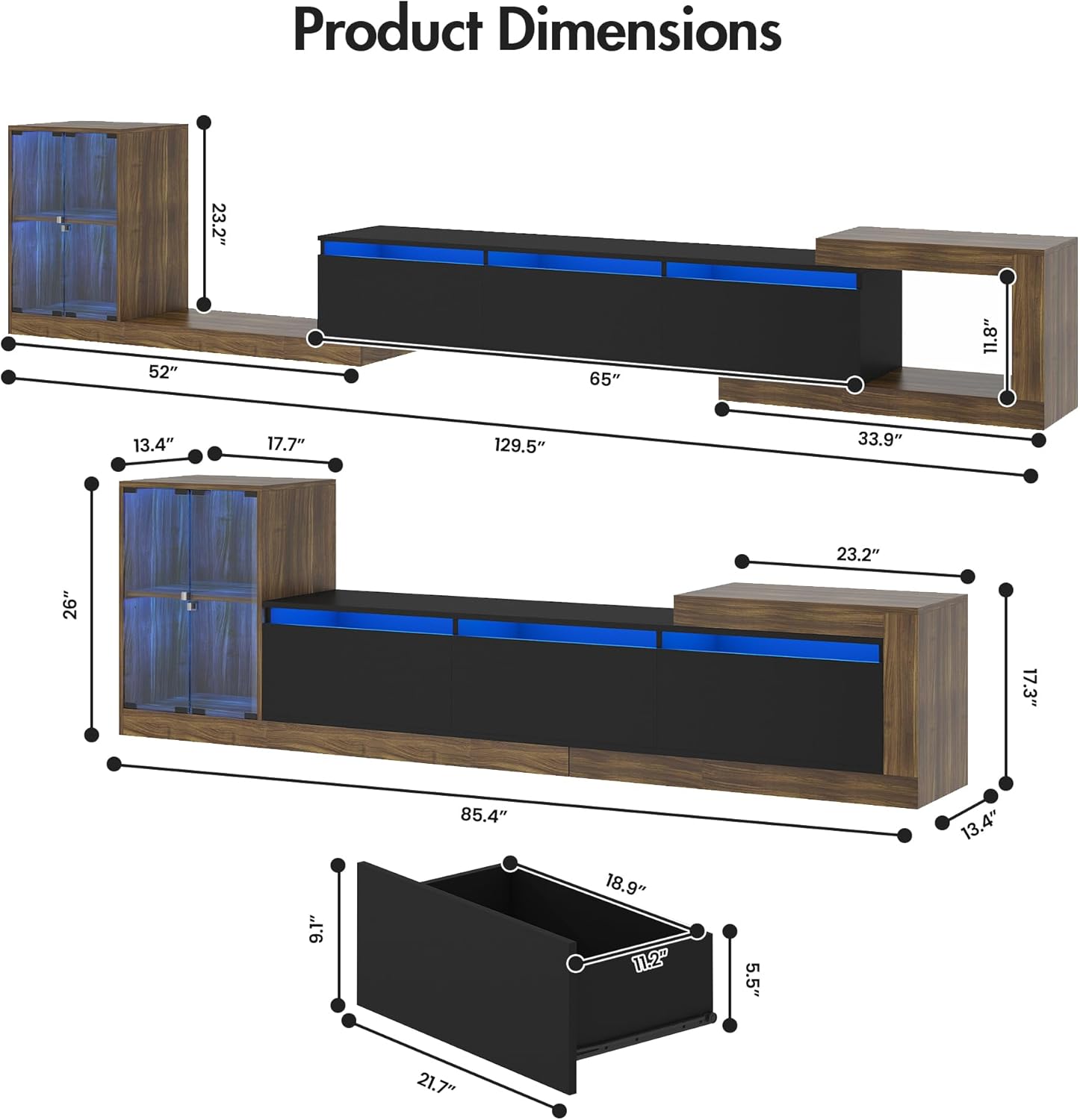 Extendable TV Stand with Glass Cabinet for 75”-110” TVs, Modern Entertainment Center with LED, 2 Drawers and Media Storage, Adjustable Length TV Console for Living Room Bedroom (Black,85.4"-129.5")