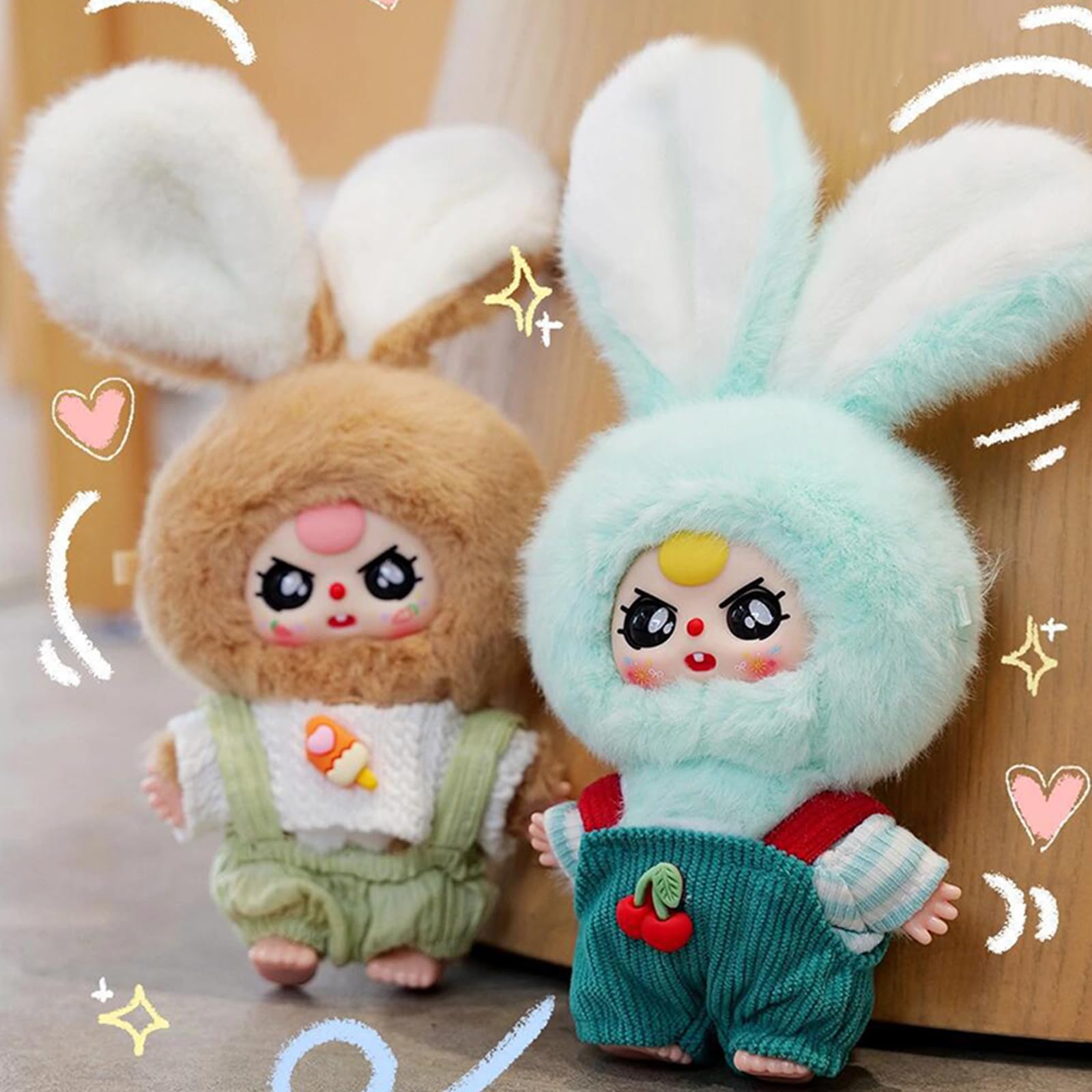 Baby Three Miniature Bunny Series Doll Box, Plush Doll Ornament Bag Pendant Toys, Vinyl Mystery Box Action Figure, Kawaii 1 of 14 Mystery Collectible Toys Cute Soft Animals Charm Birthday Gifts