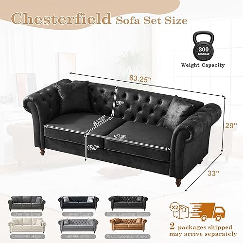 Miniatura 2 de Sofá de cuero sintético moderno de mediados de siglo, sofá de dos plazas Chesterfield de 83 pulgadas con ribete de cabeza de clavos, brazos