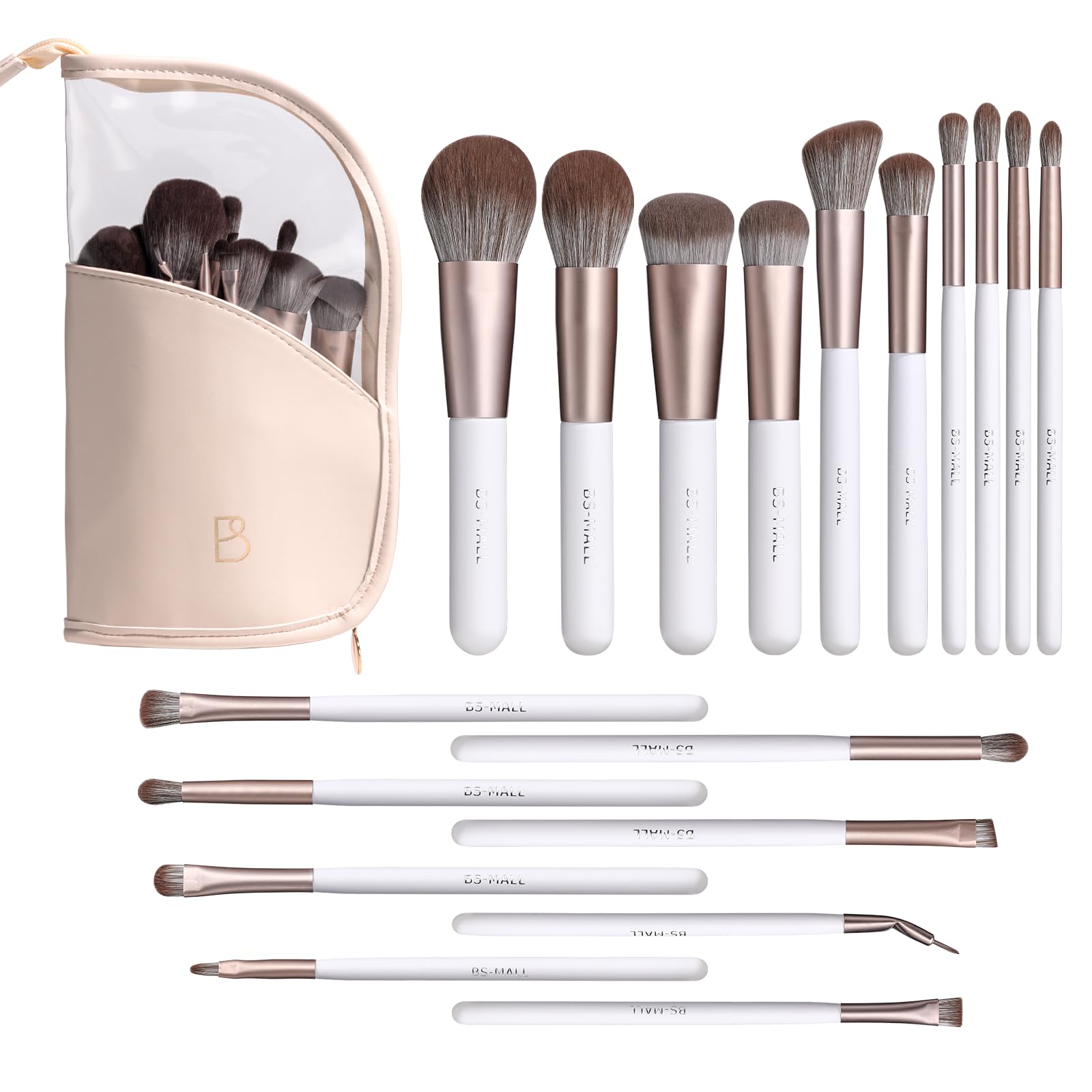 BS-MALL Makeup Brushes With Bag Case White Premium Synthetic Foundation Powder Concealers Eye Shadows Makeup 18 Pcs with White PU Bag