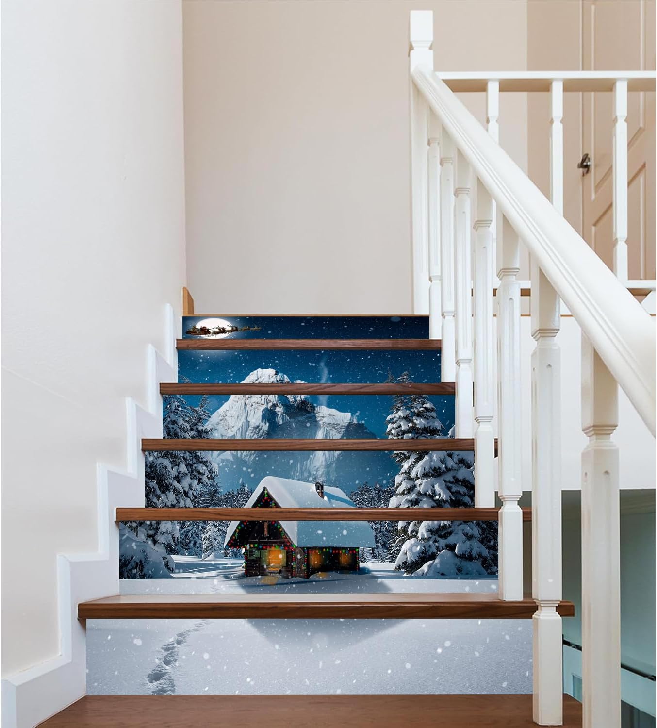 Self-Adhesive Stair Stickers, Peel and Stick Vinyl Stair Riser Decals for Stairs Risers 39.37 x 7.08 in x 6 Pcs, Christmas Apricot