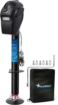 POLESTAR Electric Trailer Jack, 5000lbs Electric Power A-Frame Tongue Jack | with Waterproof Protective Cover & LED Light for Travel Trailer Camper, RV, 12V DC with Hard Wiring, 9"-27" Lift