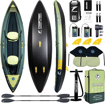 Inflatable Touring Kayak 1-Person & 2-Person with Waterproof Seat & Full Accessory Kit, Lightweight Recreational Kayak for Lake, River & Fishing