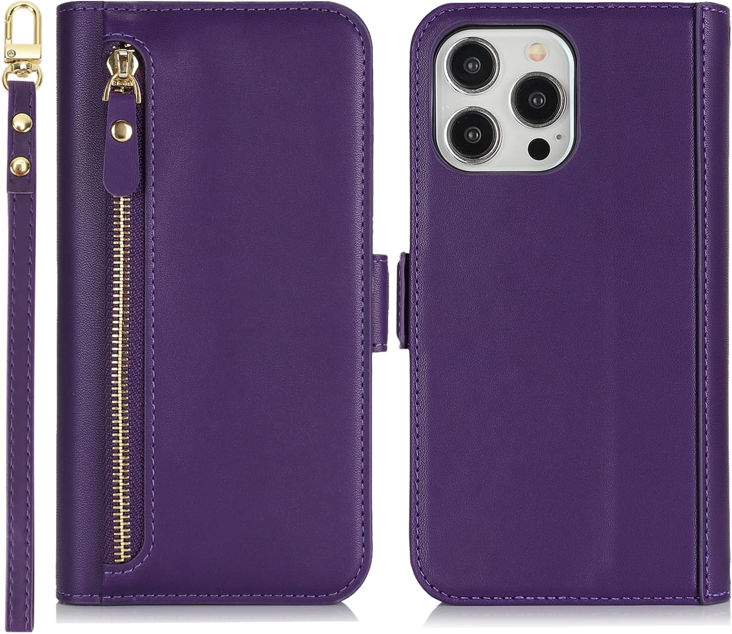 for iPhone 13 Pro Max Wallet Case with Card Holder,for iPhone 12 Pro Max Case Wallet for Women Men with Stand,PU Leather Magnetic Zipper Pocket Wrist Strap Flip Phone Case-Dark Purple - Image 7