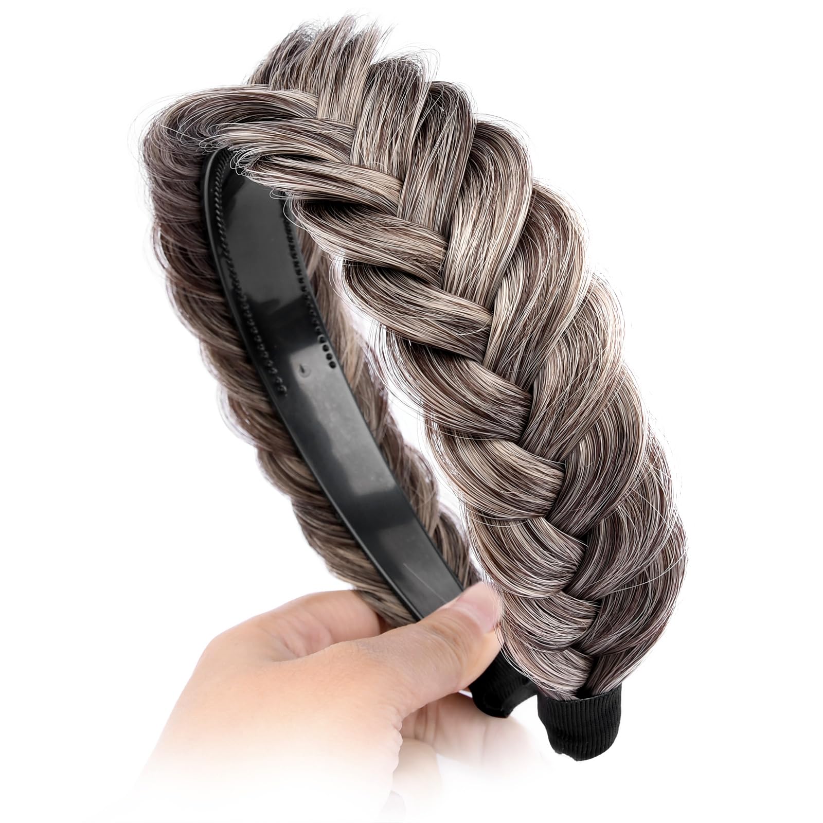 GLEDOLA Wide Messy Braided Headband with Teeth Synthetic Hair Plaited Headband High Elasticity Braids Chunky Fishtail Braided Hair Band Hairpiece for Girls Women (Gray Brown) - Image 4