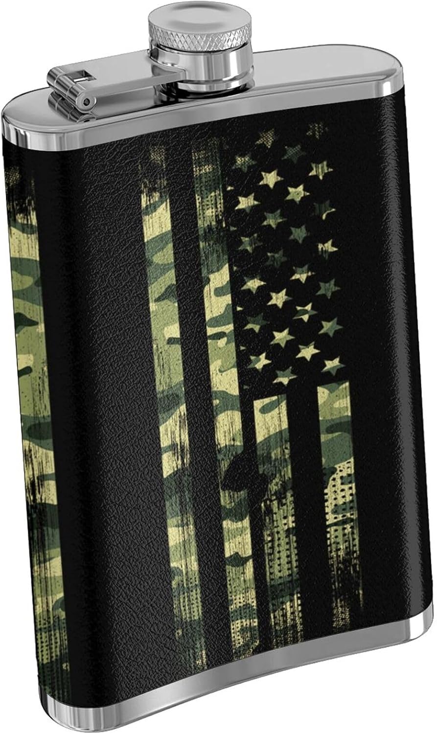 American Flag Camo Flask 8oz for Men Women,Funny Cute Hip Flask Stainless Steel Portable Pocket Whiskey Flask Leak Proof for Outdoor Climbing Camping Bar Party Drinker