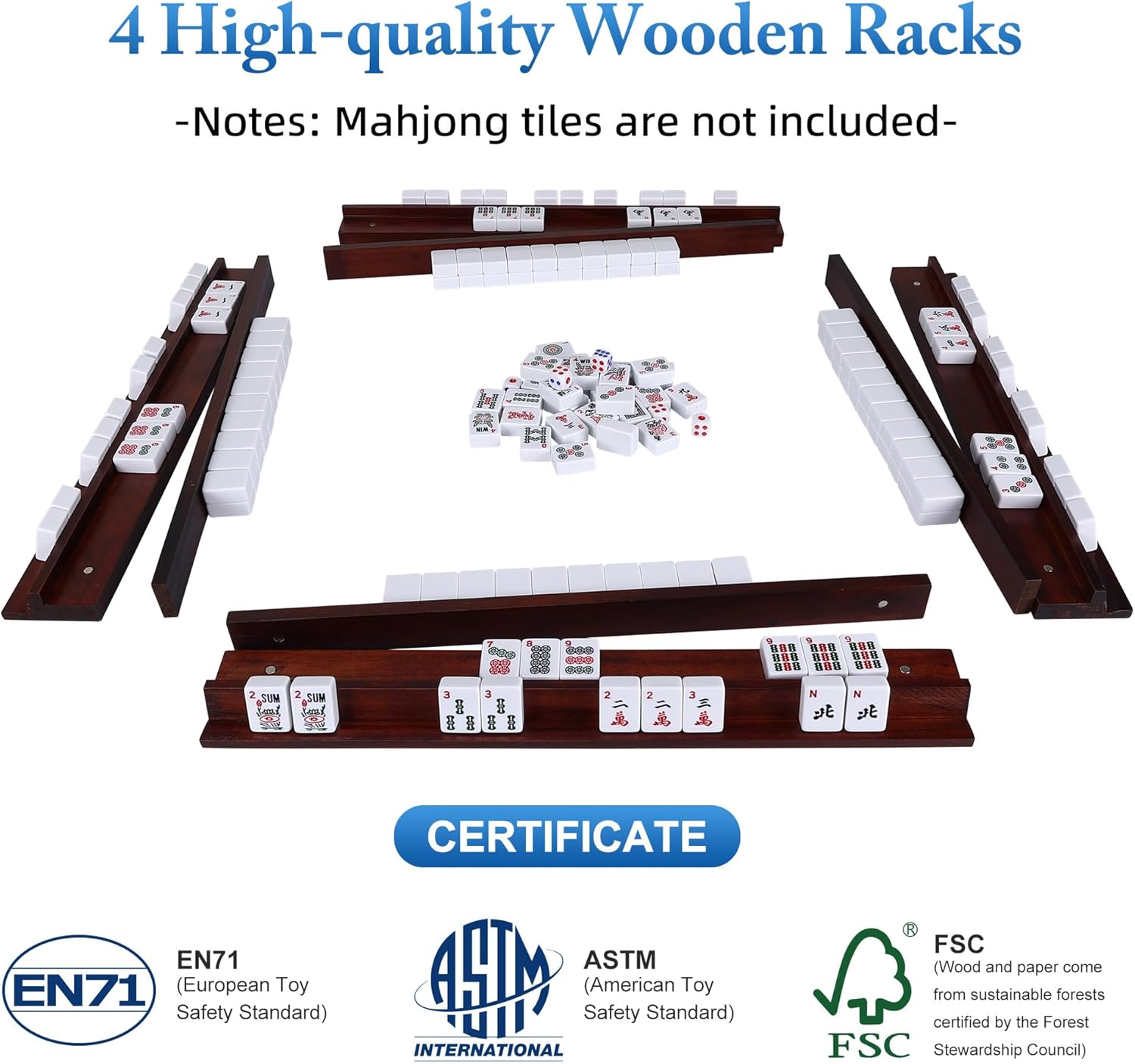 Offelec 17.2 * 1 * 2.4 inch Upgraded Magnetic Mahjong Racks, 4 pcs American Mahjong Racks with Pushers,Wooden Majiang Tile Racks (Includes Magnetically Attached Mahjong Pushers)