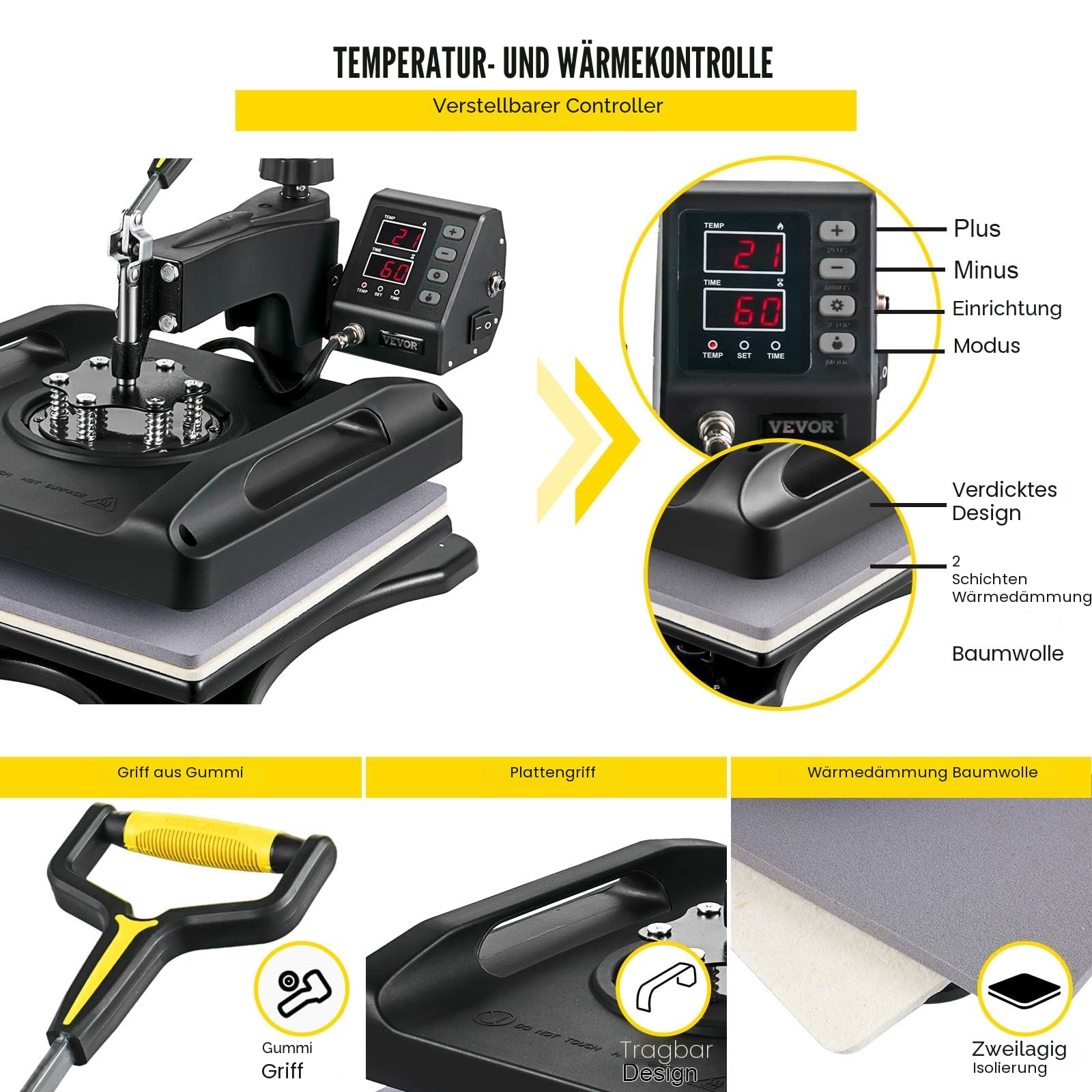 VEVOR 1200W Hitzepresse 8 IN 1 T-Shirtpresse, 38 x 38cm Schwarz Transferpresse, Heißpresse T-shirt zum Aufbringen von Buchstaben, Zahlen und Mustern auf Kappen, T-Shirts, Becher, Teller 51 x 40 x 47cm