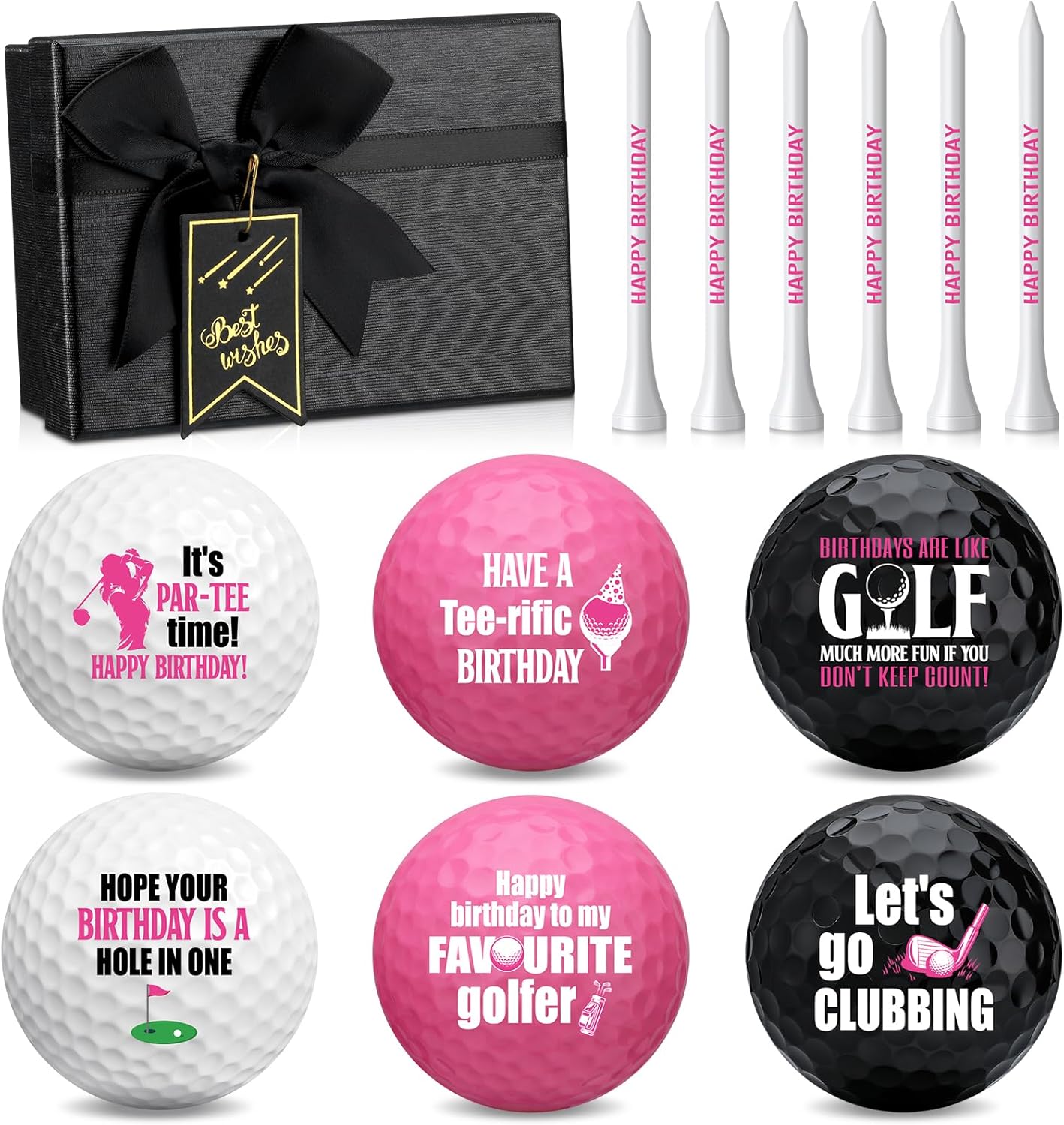 Realspring 13 Pcs Happy Birthday Golf Ball Gift Set with Golf Tee and Box Novelty Funny Golfer Gift for Employee Men Woman Lady Dad Golfing Lovers