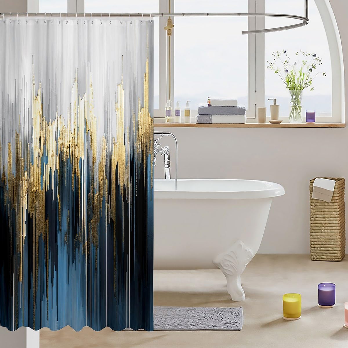 Erosebridal Navy Blue Bathroom Curtain Gradient Brush Marks Bath Curtain, Watercolor Stripe Aesthetic Shower Curtain Greyish White Ombre Waterproof Bathroom Curtain, Vintage Contemporary Bath Curtain