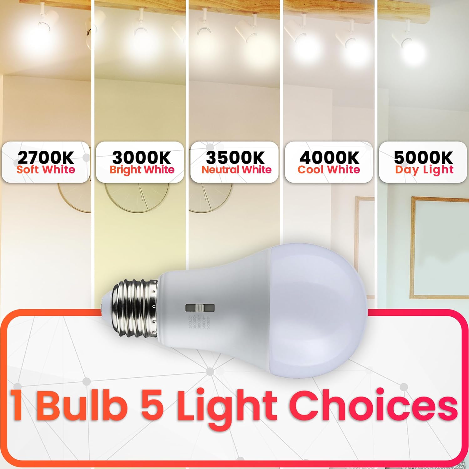 A19, 8.8W 5CCT, E26 Medium Base, 120V, 800L, CCT Selectable, White Finish LED Bulbs. (Pack of 4)