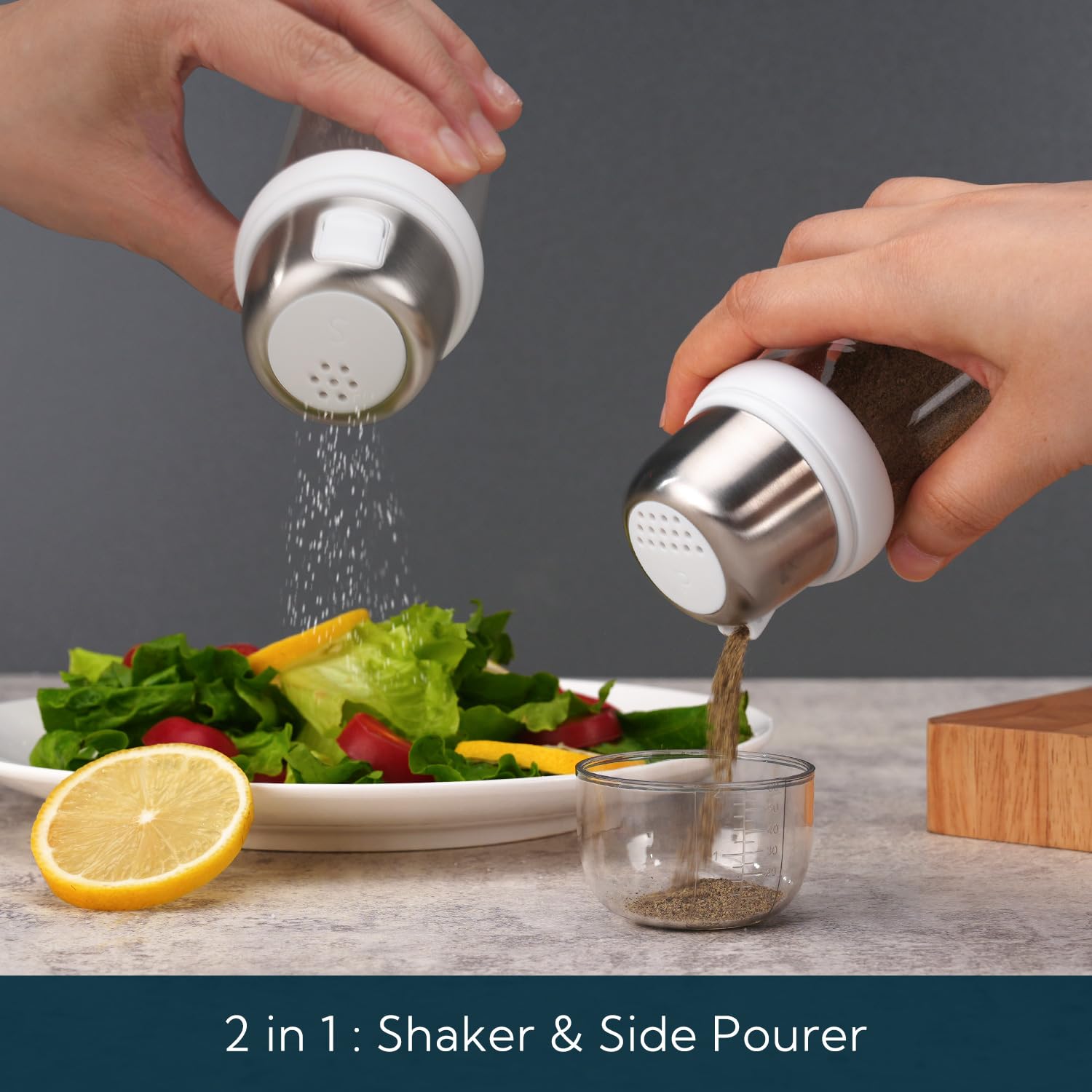 KTCHENDAO - Salero y pimentero 2 en 1 de vidrio con boquilla lateral, tapa integrada para prueba de humedad, elegante dispensador de sal y pimienta de vidrio de borosilicato para cocina, sin BPA, 4