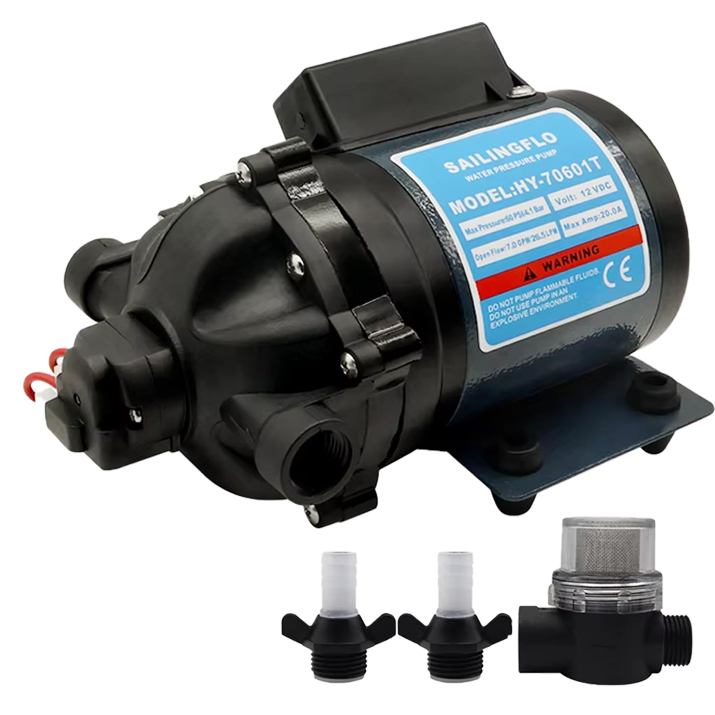 12V Diaphragm Water Pump - 7 GPM 60PSI, Self-Priming On-Demand Water Pump, Strainer and Female Thread, for Rv, Lawn（HY-70601T）