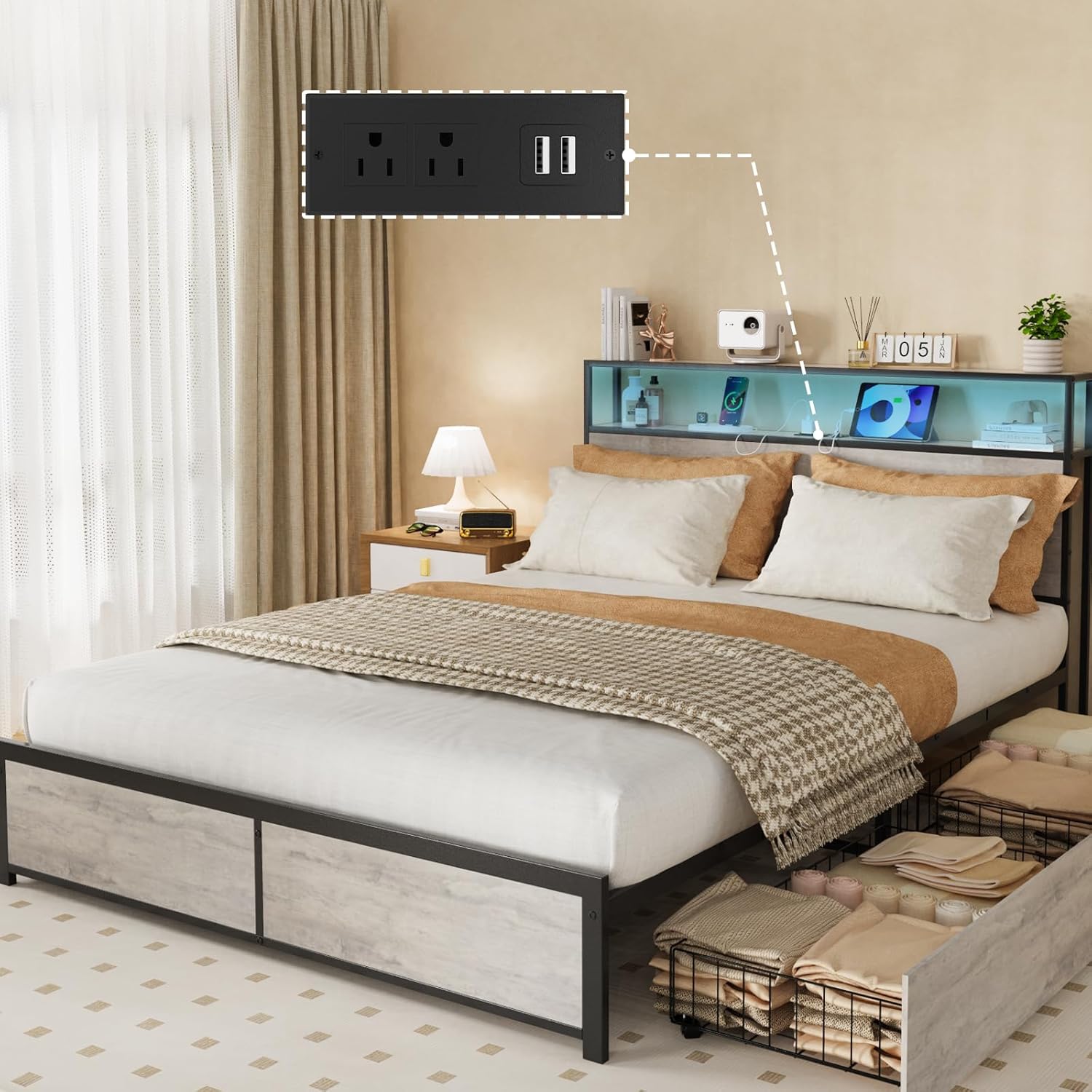 Queen Bed Frame with Headboard, Heavy Duty Metal Platform Queen Bed Frame with Built-in Charging Station & Led Light, Bed Frame Queen Size with 4 Drawers, Noise-Free, No Box Spring Needed, Brown
