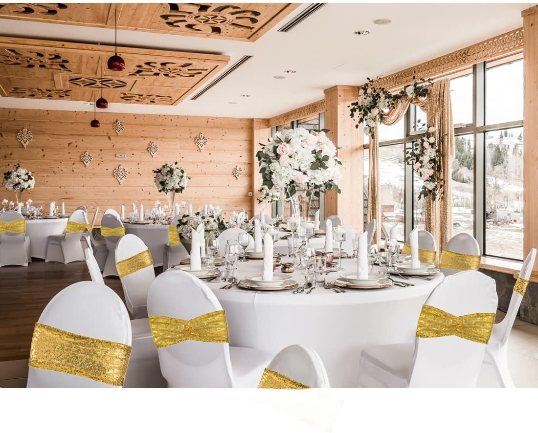 SquarePie Sequin Chair Sashes 30 Pack - Gold Decorative Sashes Bands for Wedding Party Decoration, Seuqin Fabric Bow for Banquet Reception Chairs