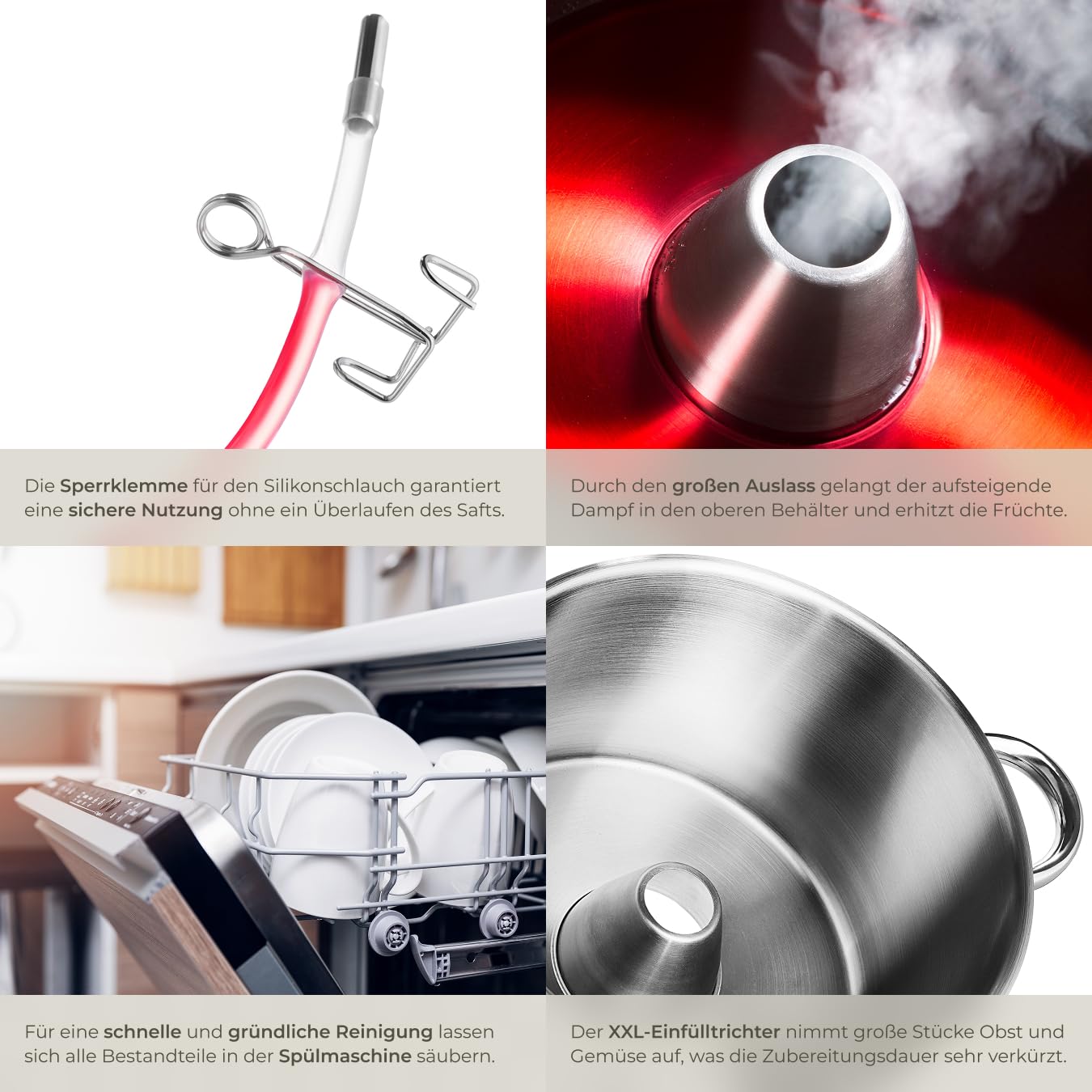 tectake Dampfentsafter 15L Edelstahl, Entsafter, Saftpresse für Obst und Gemüse, induktionsgeeignet, Ø 26cm, Saftmaschine, Juicer Machine mit Glasdeckel und Schlauch, Spülmaschinengeeignet - silber