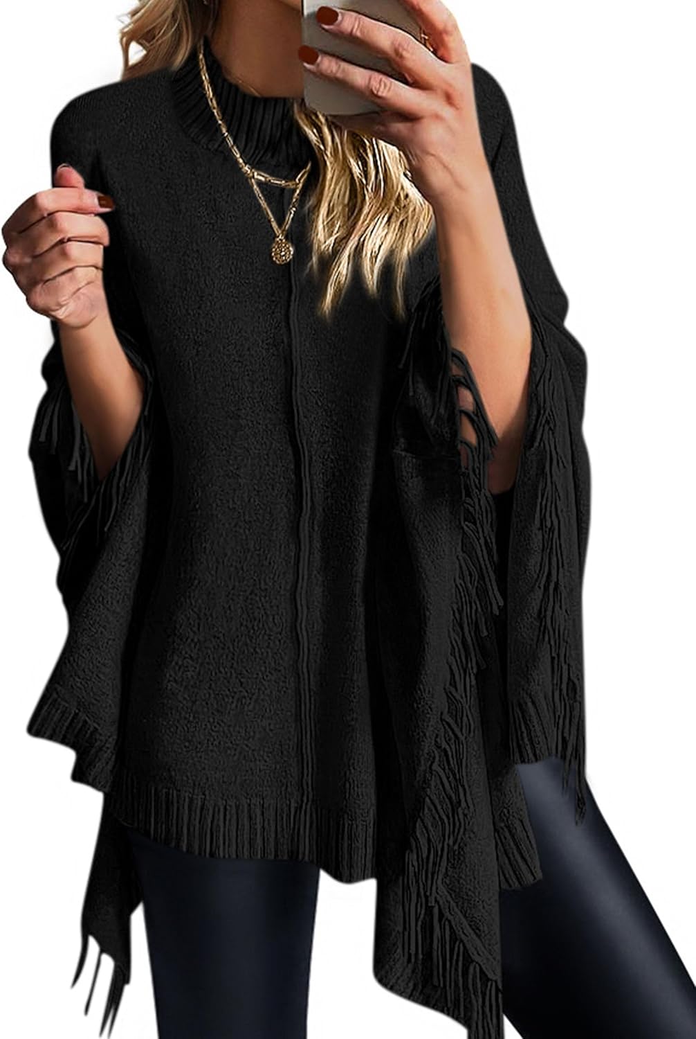 PRETTYGARDEN Women's 2025 Fall Winter Poncho Sweaters Trendy Chunky Knit Fringe Shawls Wraps Pullover Tops Holiday Outfits