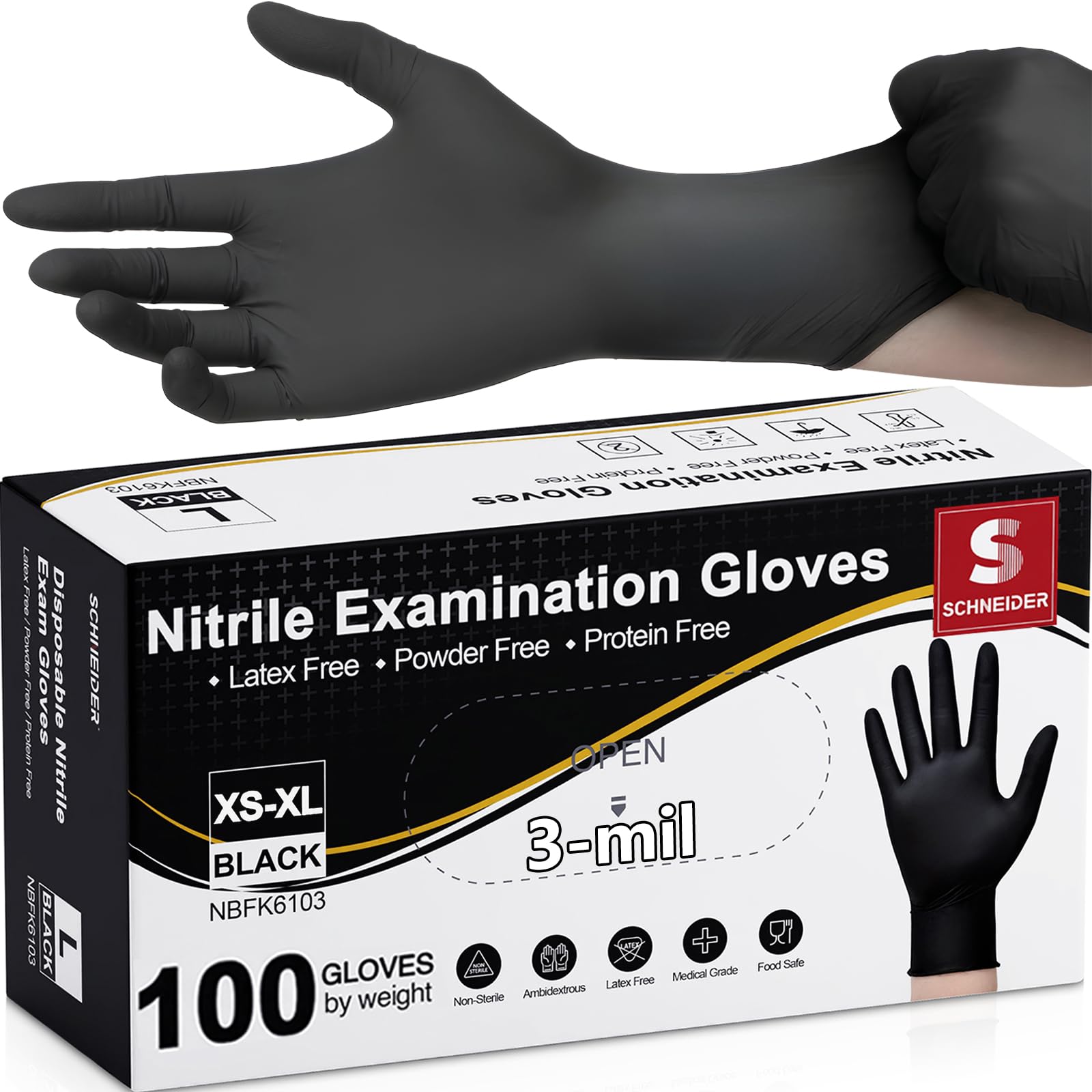 Photo 1 of Schneider Nitrile Exam Gloves, Black Latex Free Powder Free Disposable Gloves for Medical, Cooking, Cleaning, and Food Prep (Medium, 100)