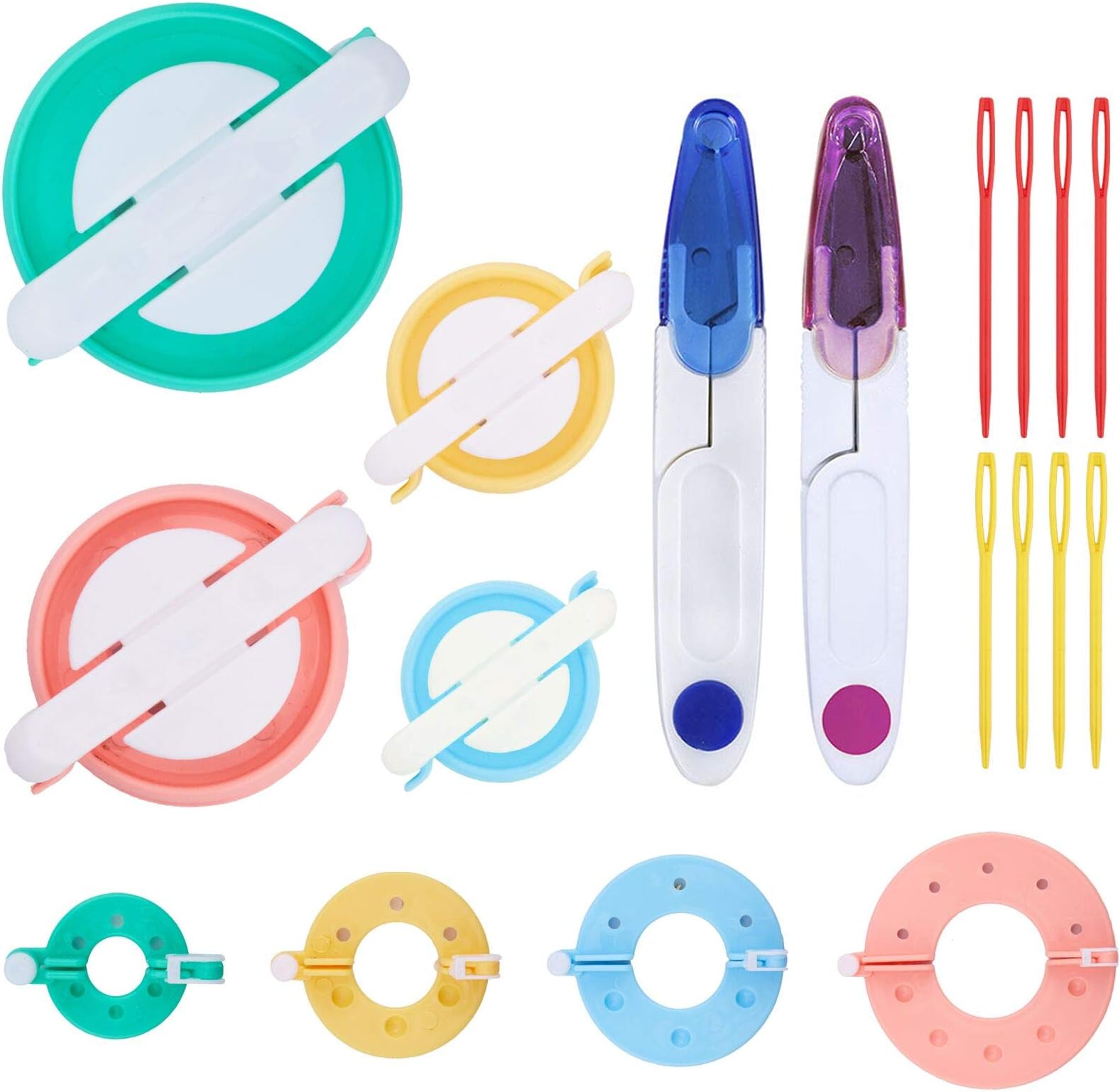 2 Set Pompom Makers of 6 Sizes, JOERSH 50 PCS Pom Pom kit Includes 8 PCS Pom Pom Maker, 2 PCS Thread Cutter Scissors, 40 PCS Plastic Needles for Fluff Ball Weave DIY Wool Yarn Knitting