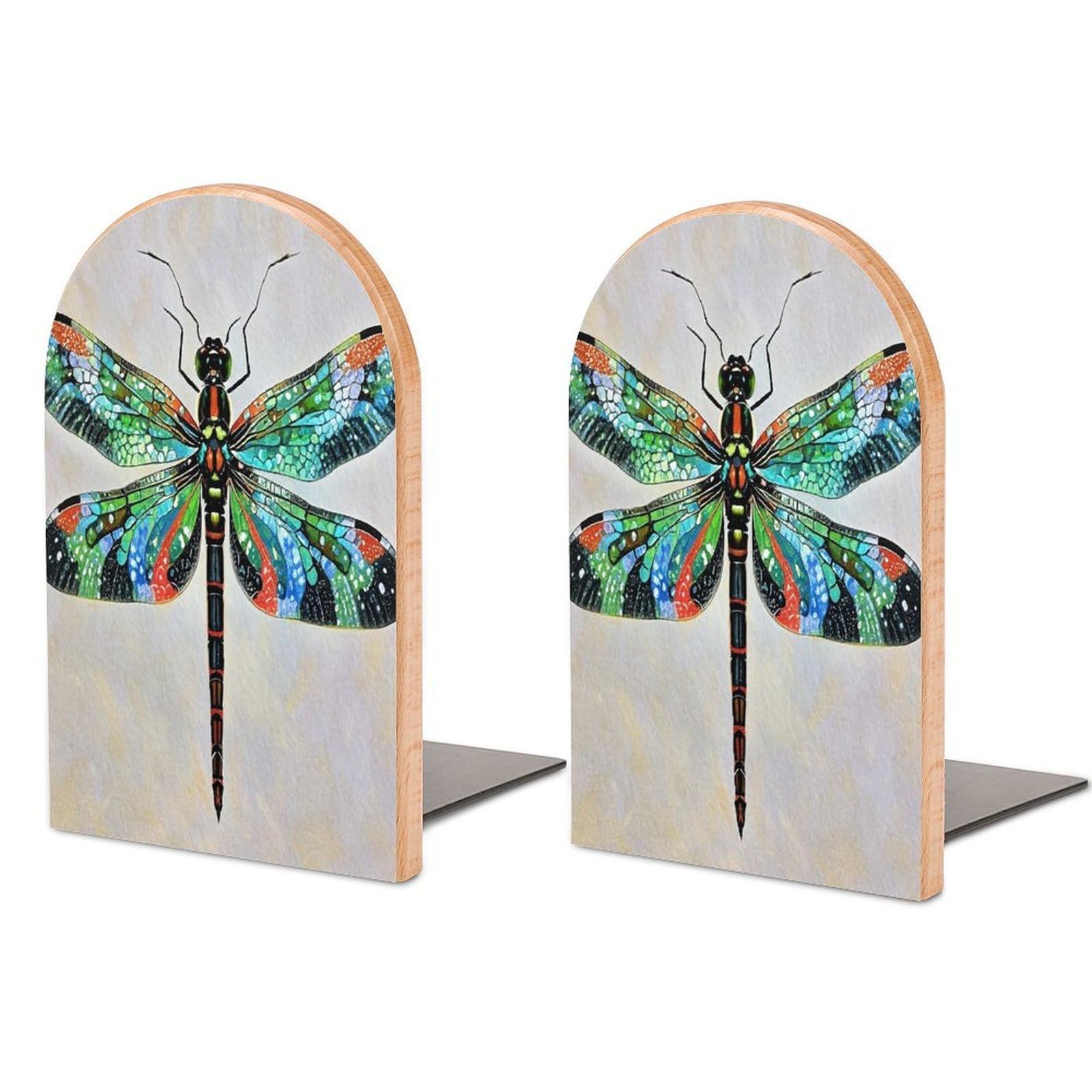 Dragonfly Bookend for Shelves Wooden Book End Sturdy Book Holders Stoppers with Metal Base for Bookshelves Slick Decorative Bookends Stands