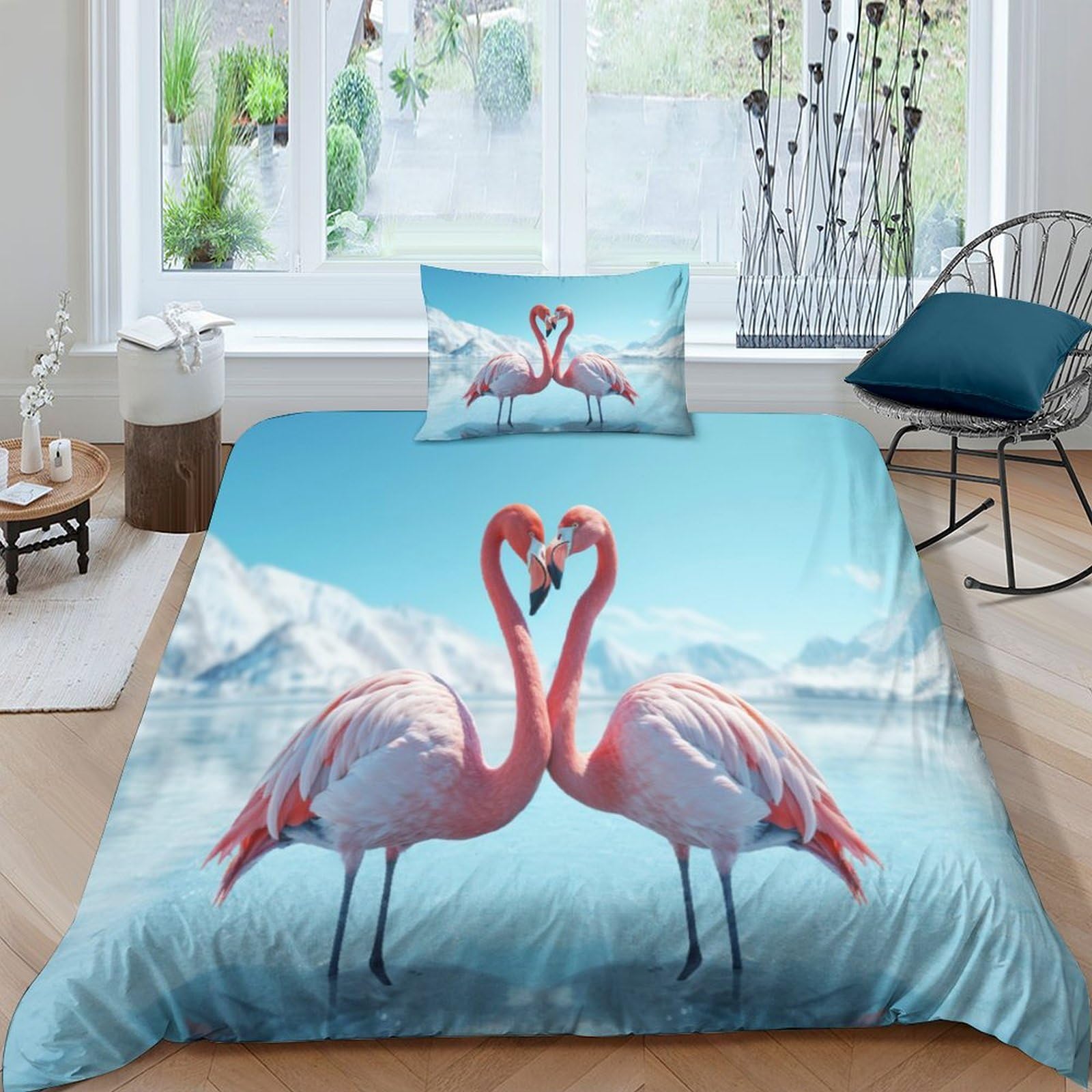 MEFESE Flamingo Reversible 2 Piece Duvet Cover,3D Bedding Sets,Geometrical Bed Pink Flamingo Quilt Covers With Pillow Cases for Kids Adult Teens Theme Comforter Cover Easy Care Single（135x200cm）