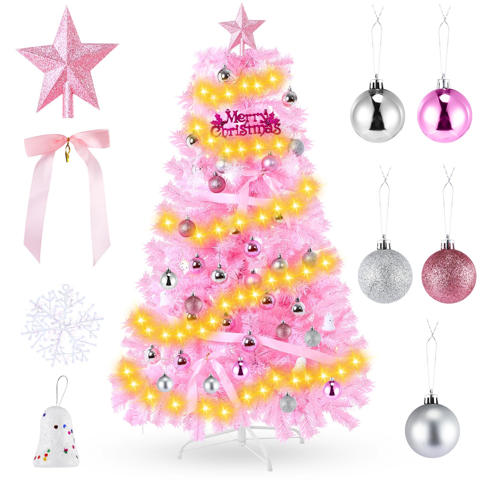 Syhood 5ft Pre Lit Pink Christmas Tree Set with Metal Stand Include 1 Light String, 24 Christmas Balls, 6 Bells, 15 Snowflakes,1 Star,3 Bow Ties,1 Sign Indoor Outdoor Party Holiday Decor for Home