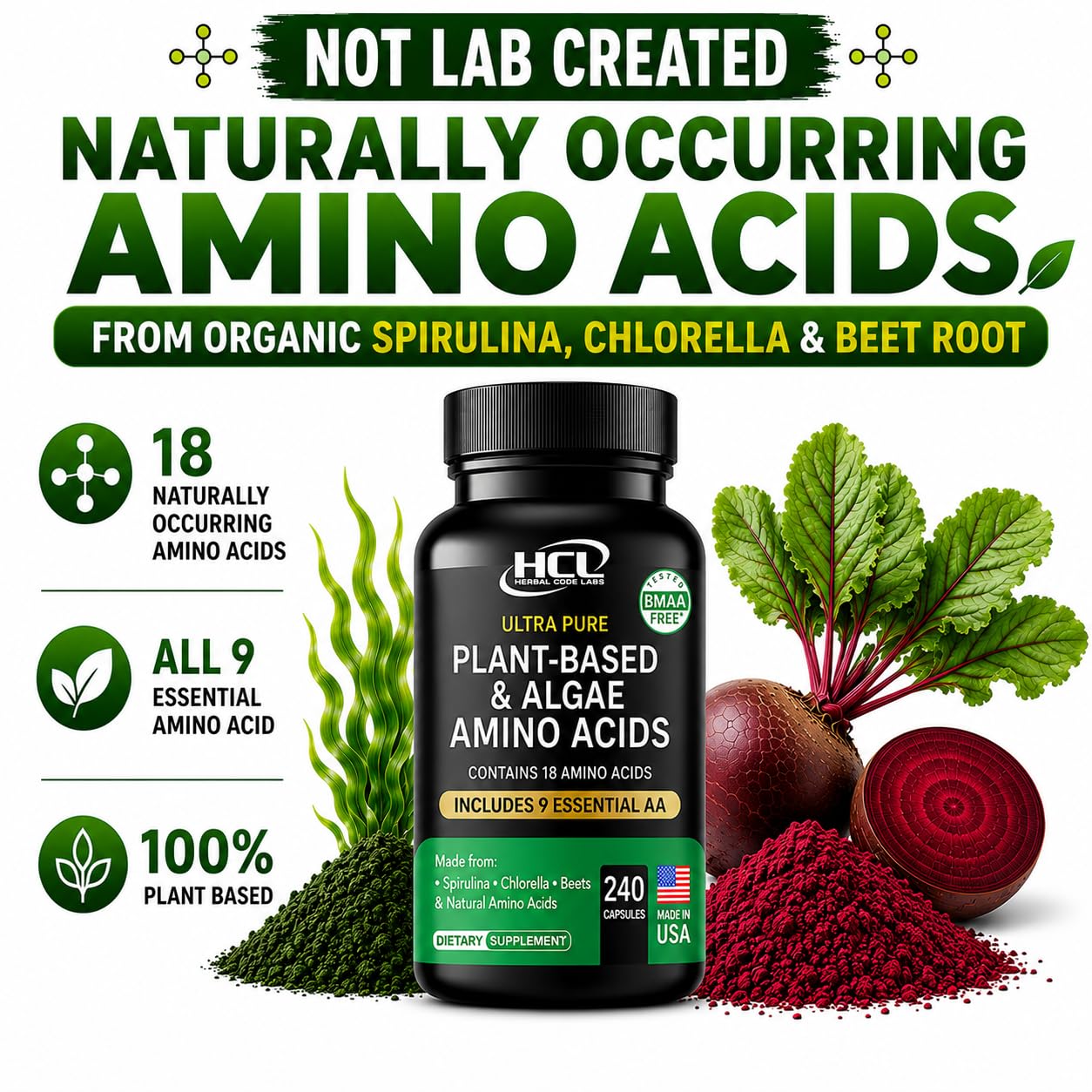 HCL HERBAL CODE LABS Essential Amino Acids Plant Based Supplement | All 9 EAAs & BCAAs | from Organic Spirulina, Chlorella & Beet Root | Made in USA | Vegan Amino Acids Capsules — Amazon image 3