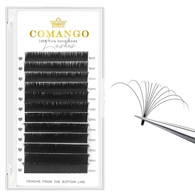 Extensões de cílios CoMango Easy Fan, curvaturas C/D, 0,05/0,07 mm, preto fosco, 2D–20D, modelo 0.07-D-Mix8-15MM