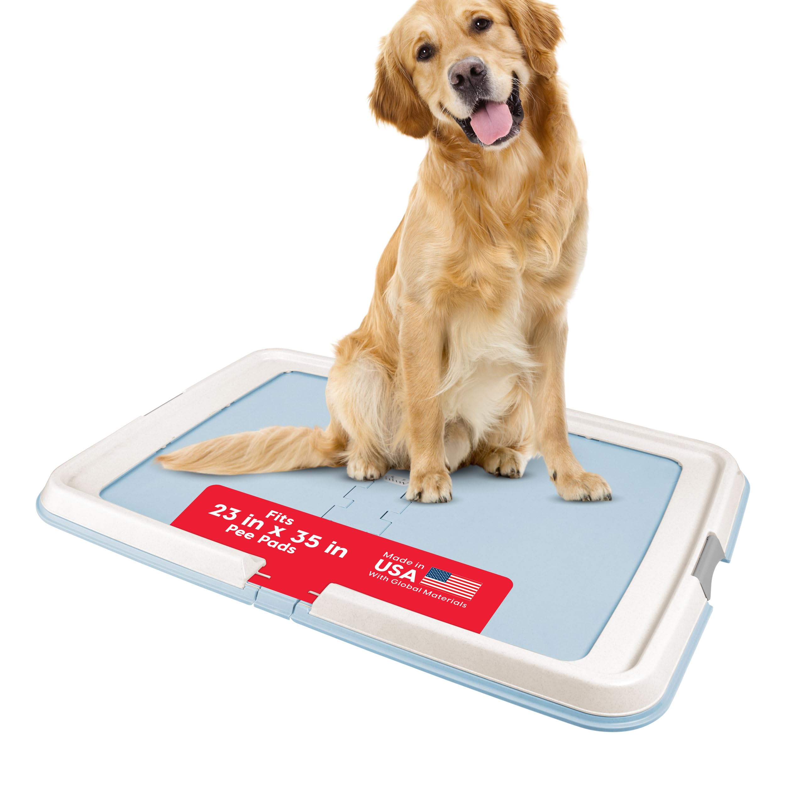 IRIS USA Pee Pad Holder - For Large Sized Dog and Puppy Pee Pads, Secured Latches, Non-Skid Feet, High Polish Finish for Easy Cleaning, Leak Protection, Fits 23"x35" Pad or Larger, Square, Blue