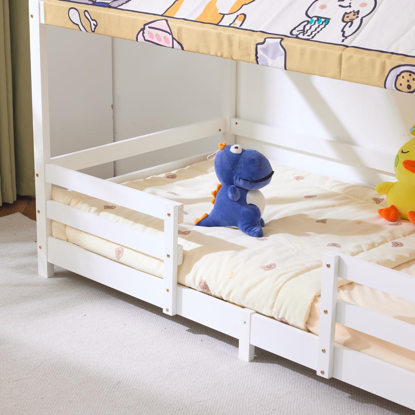 LEADZM Kinderbett Bodenbett 90x200 cm, Kinder Bett Mit Stoffhimmel (Weiß) | Kinderbetten inkl. Rausfallschutz & Lattenrost, Bodenbett Kinder bis 200 kg