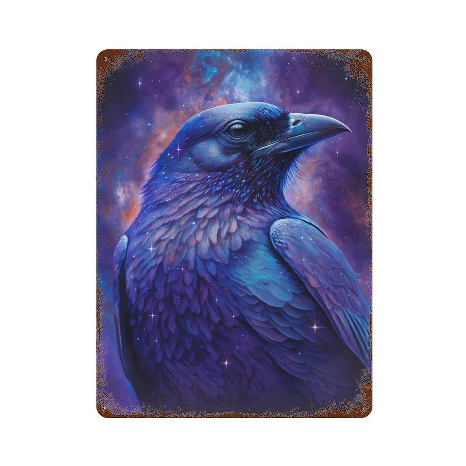 Aged Metal Wall Plaque with Cosmic Raven Art Print-12 Design 15.7"x11.8", for Shed, Workshop And Garage Wall Decor, Decorative Metal Wall Art