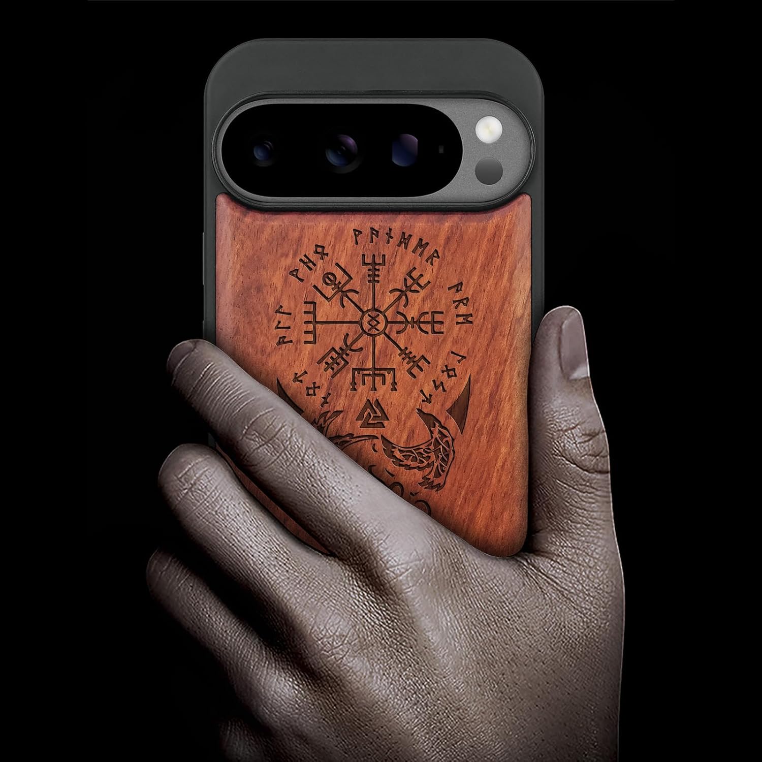 Carveit Magnetic Wooden Case for Pixel 10 Pro Google 10 Pro Case, Wood Artisan Engraved & Soft TPU Shockproof Cover, Compatible with MagSafe Wireless Chargers (The Guiding Vegvisir) Rosy