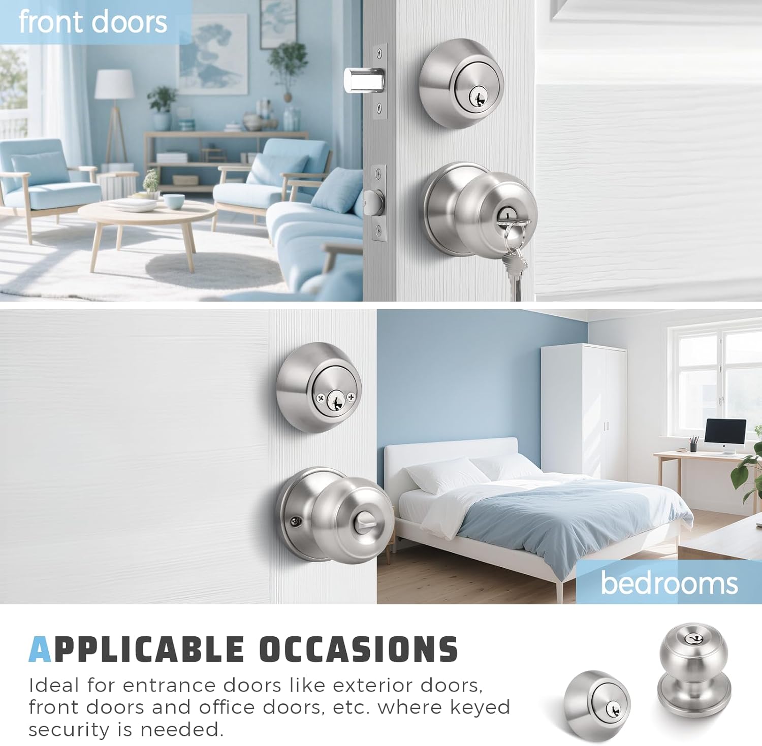 KNOBWELL 3 Pack Keyed Alike Door Knob and Double Cylinder Deadbolt Set, Exterior Door Lock Set, Double Keyed Door Knob, Satin Nickel Front Door Lock