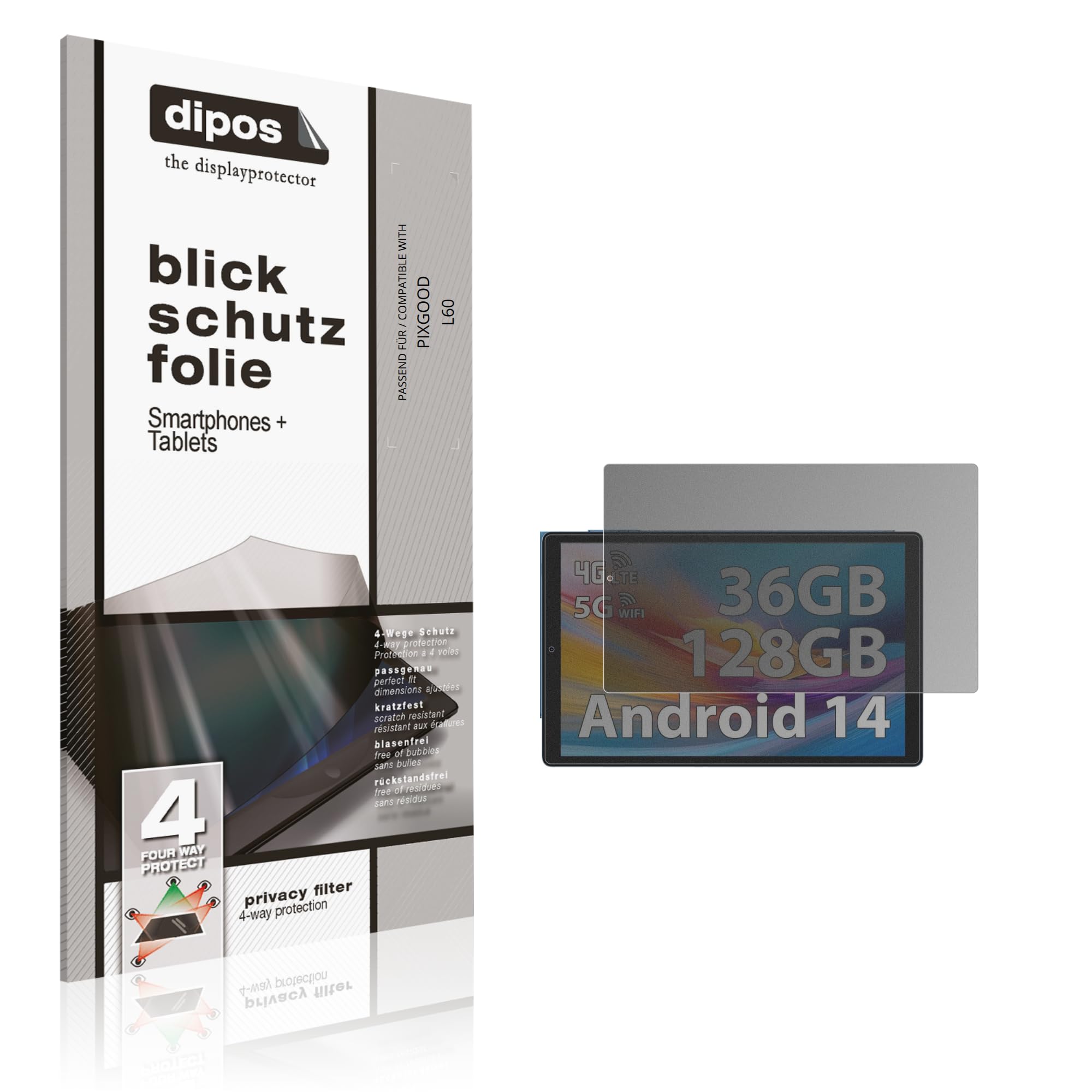 dipos Protector de Pantalla Antiespía para PIXGOOD L60 | Película protectora mate, filtro de privacidad 4 vías, ajuste perfecto, antiarañazos, sin burbujas, autoadhesivo