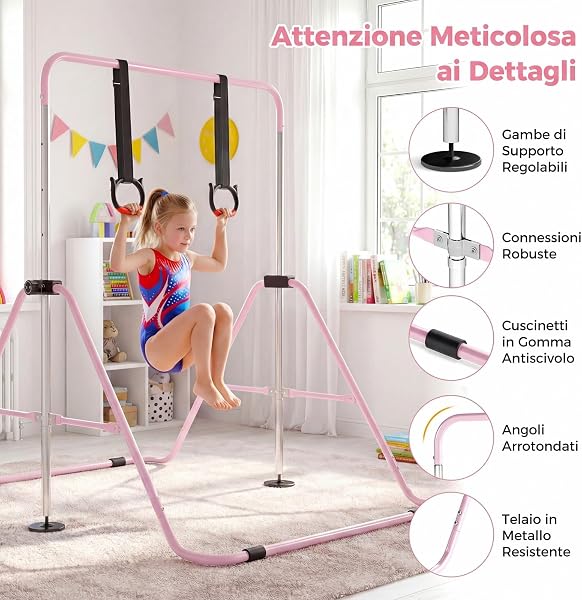 COSTWAY Sbarra Ginnastica Pieghevole per Bambini, Barra Ginnastica per Casa Regolabile a 4 Livelli con Anelli e Cuscinetti Antiscivolo, Attrezzatura Ginnastica per Bambini 3-12 Anni - 5